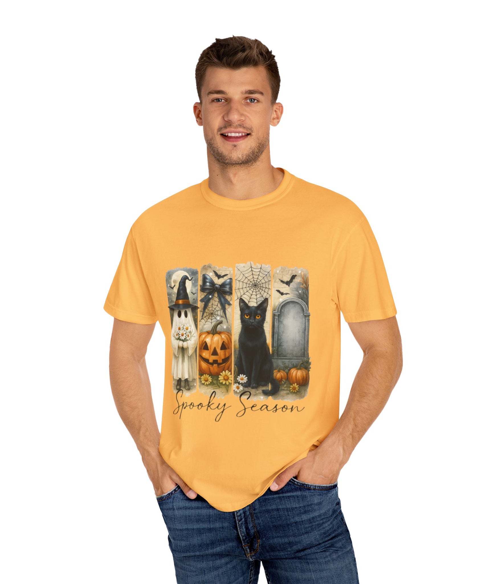 Spooky Season Halloween Unisex T-Shirt – Ghost, Black Cat & Pumpkin Design - Gallory Hive