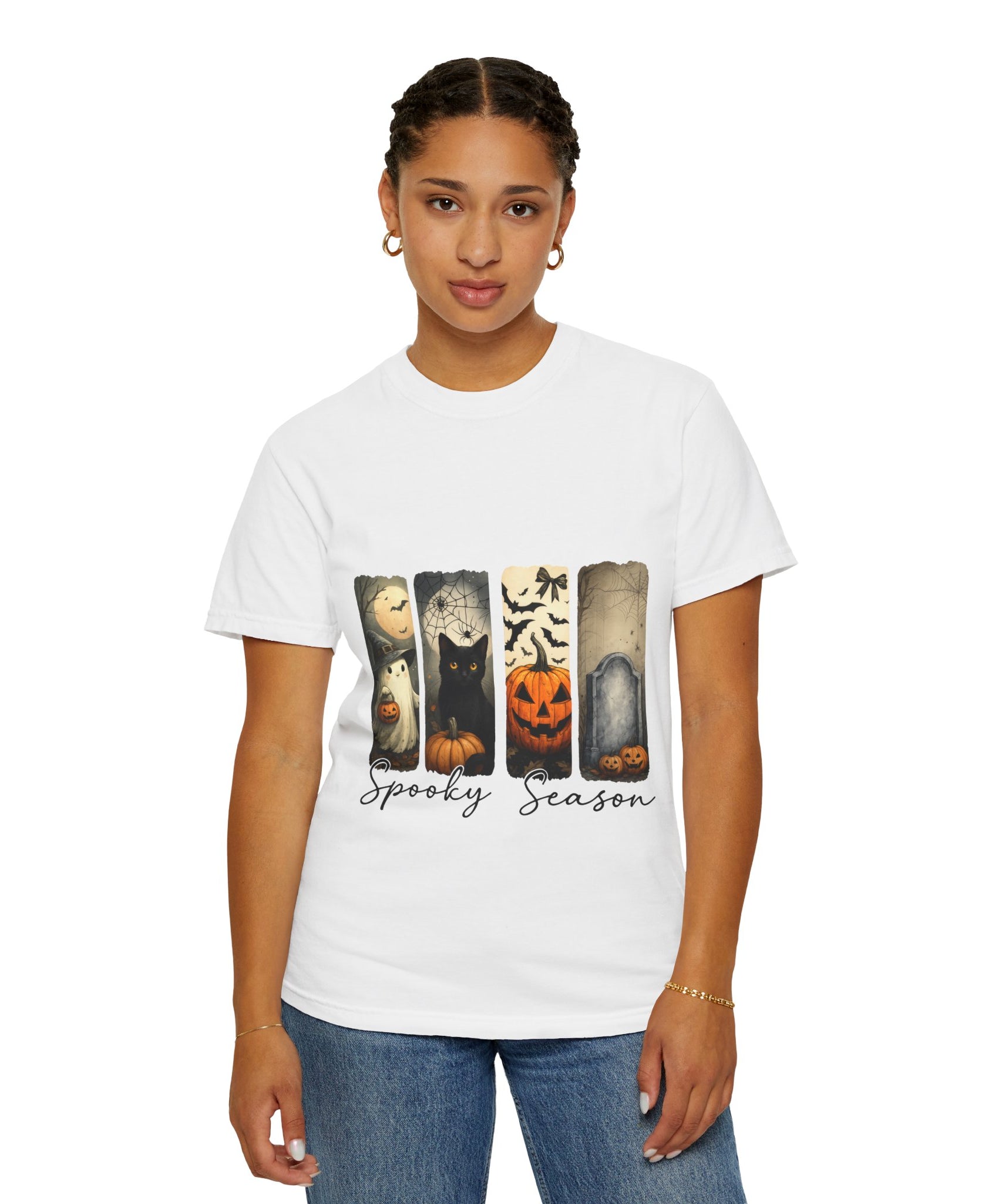 Halloween Night Unisex T-Shirt – Ghost, Black Cat, Pumpkin & Tombstone Vintage Art - Gallory Hive