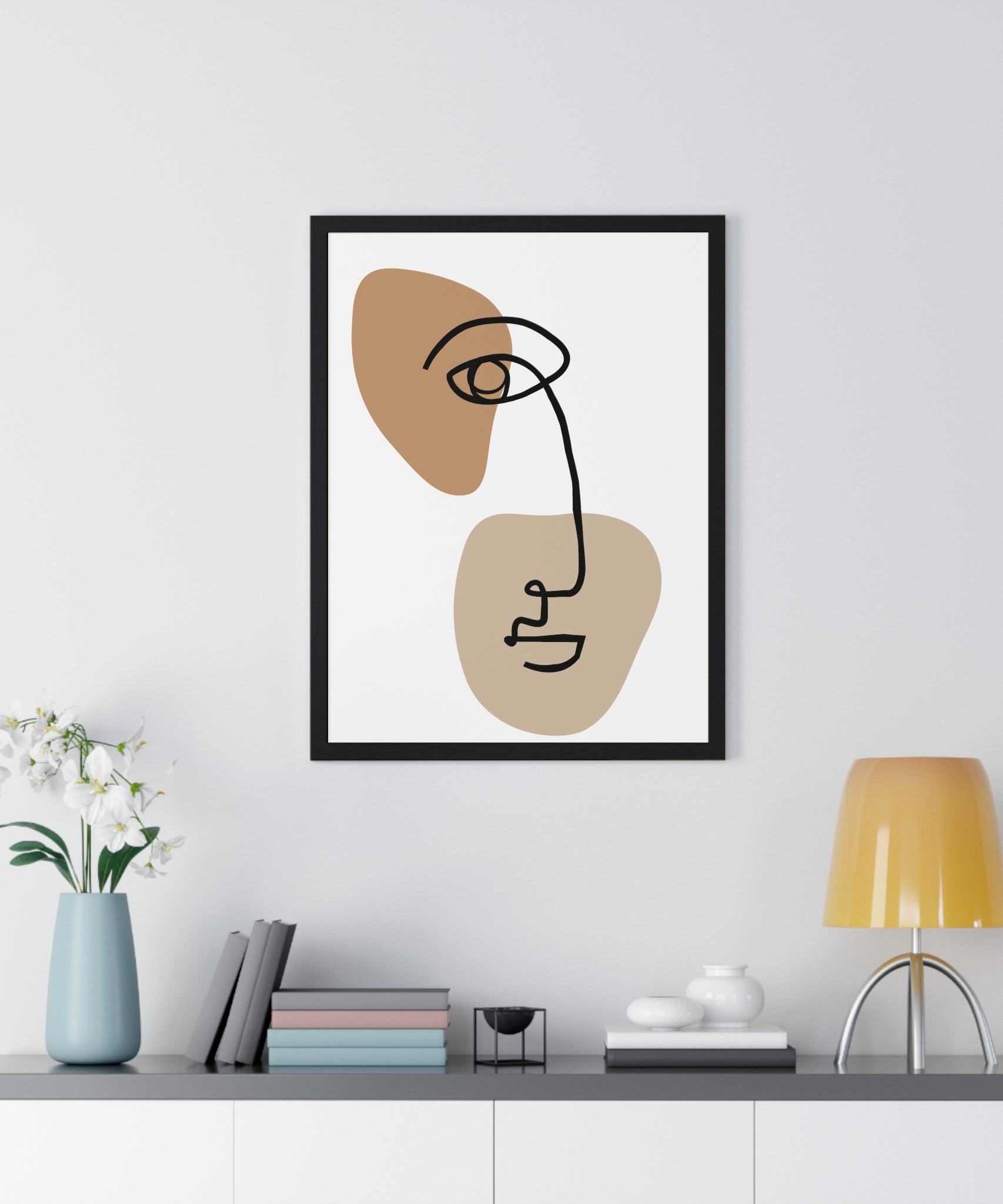 Abstract Face Line Drawing – Wood Frame Poster