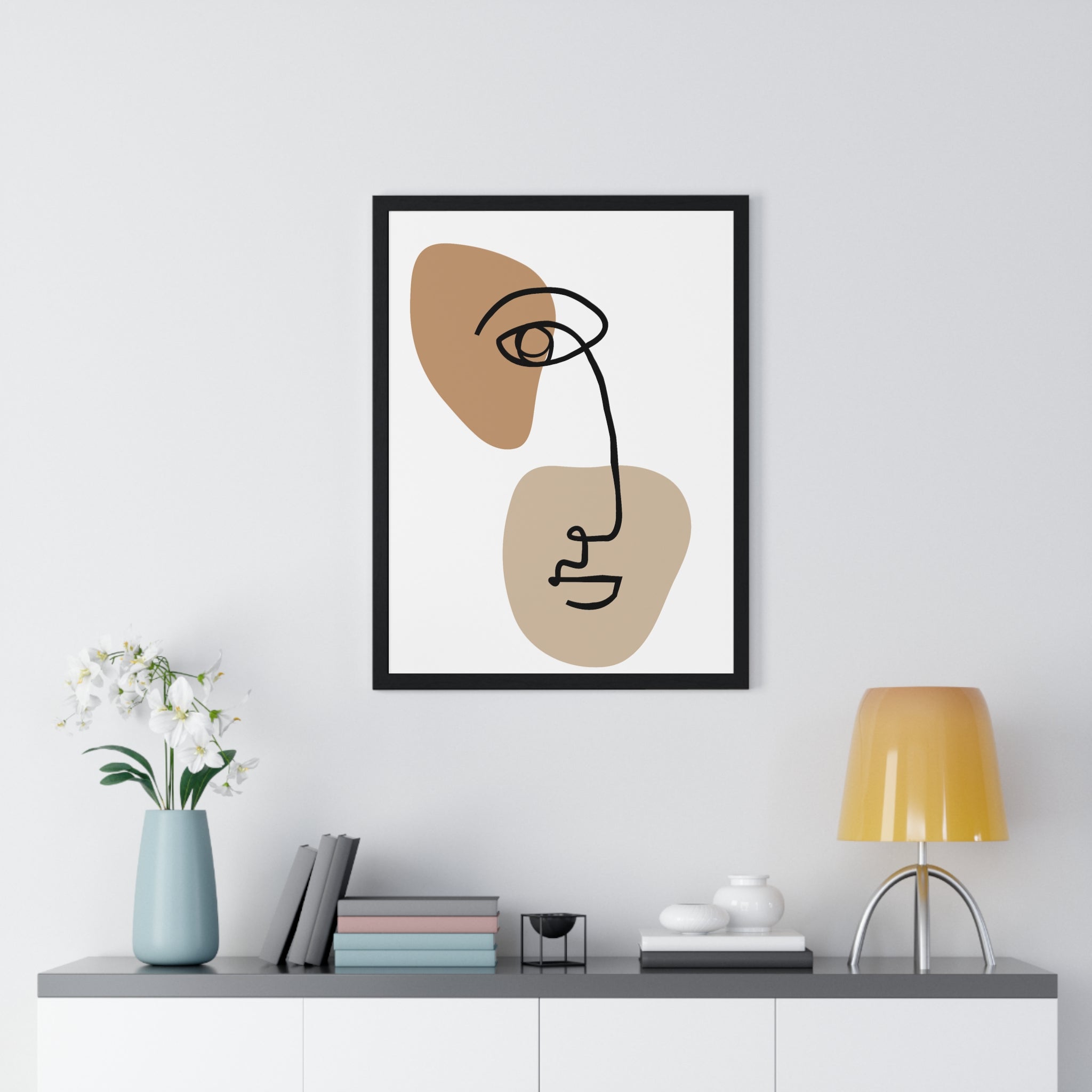 Abstract Face Line Drawing – Wood Frame Poster