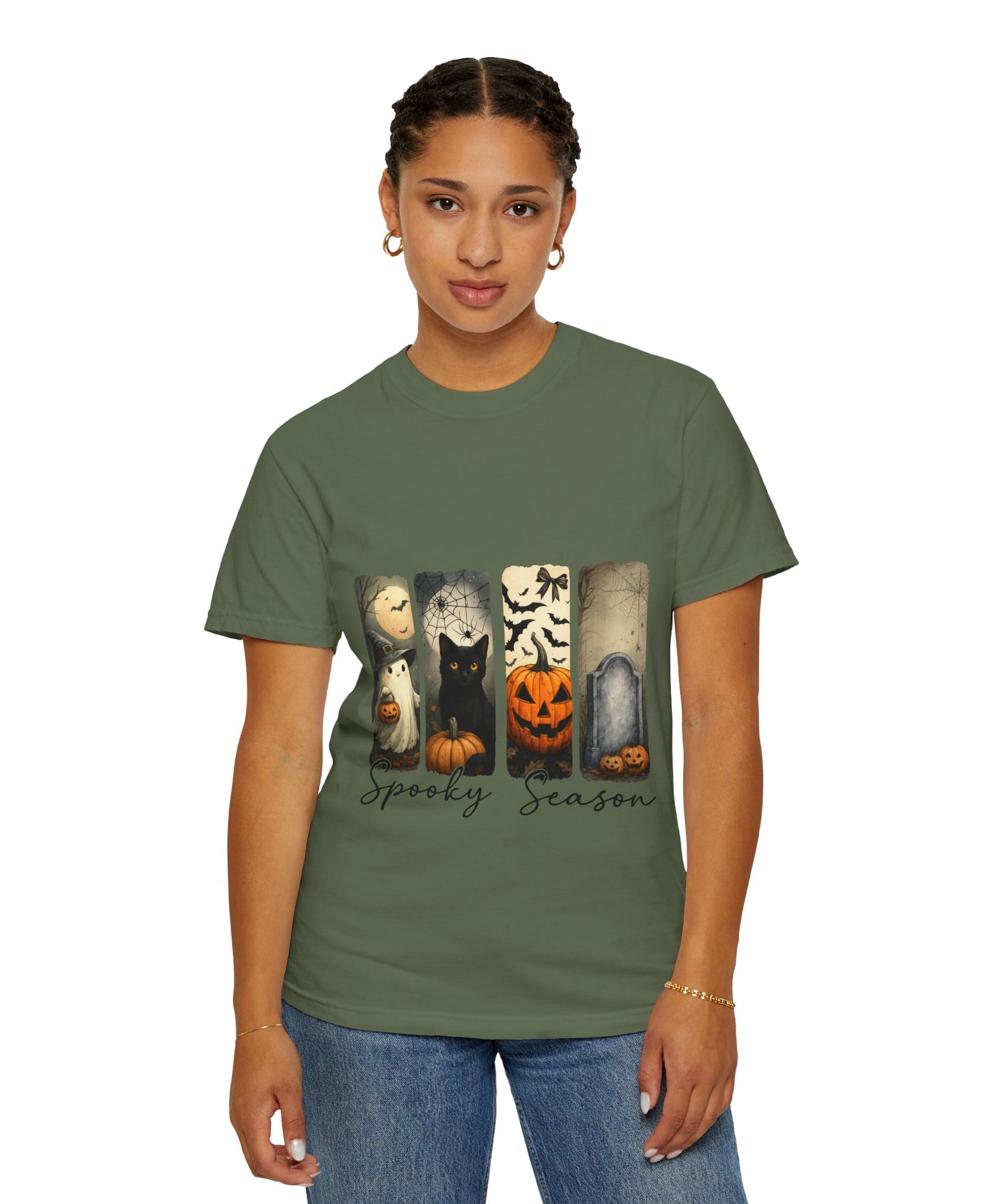 Halloween Night Unisex T-Shirt – Ghost, Black Cat, Pumpkin & Tombstone Vintage Art - Gallory Hive