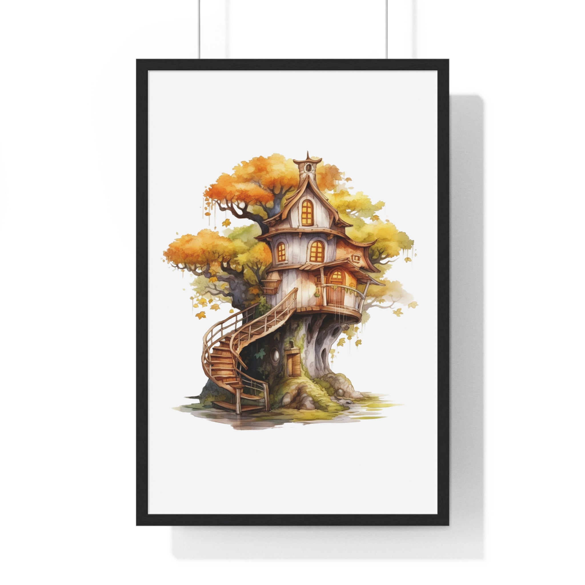 Enchanted Autumn Treehouse Wall Art – Spiral Staircase Forest Cottage with Fall Leaves | Wooden Frame Fantasy Decor