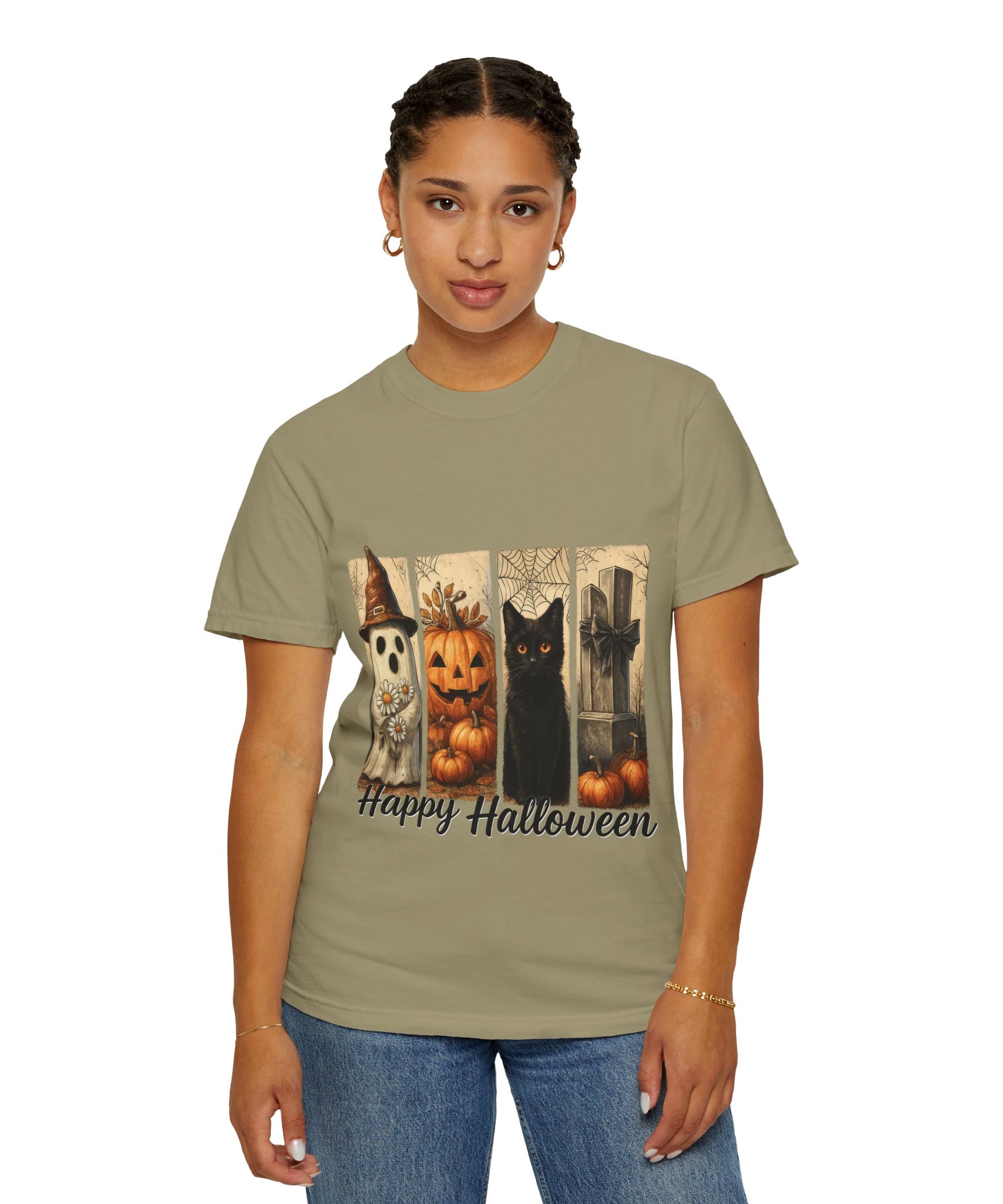 Happy Halloween Unisex T-Shirt – Ghost, Black Cat & Pumpkin Graphic Tee - Gallory Hive