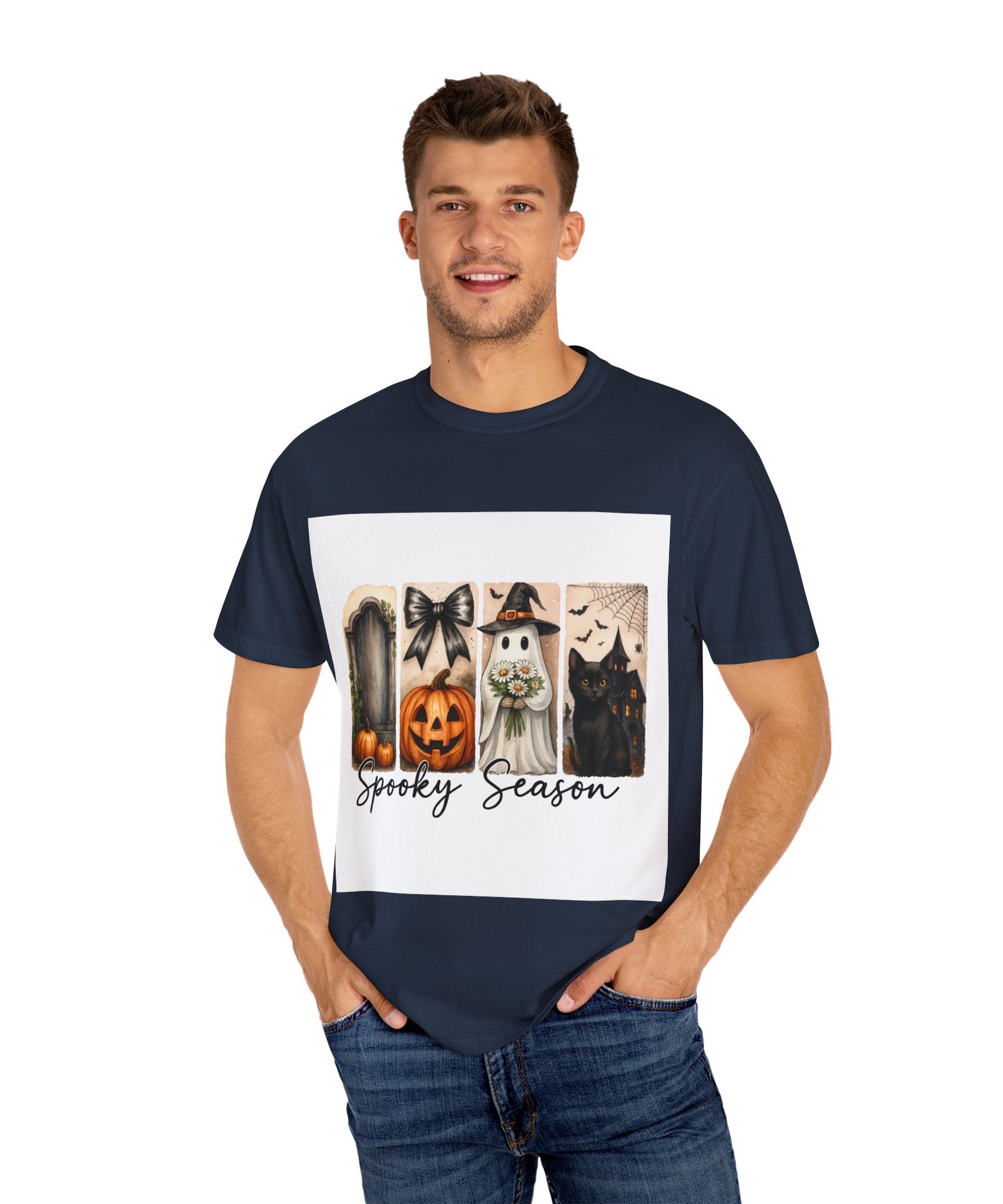 Spooky Season Unisex Halloween T-Shirt – Ghost, Black Cat, Pumpkin & Haunted House Art - Gallory Hive