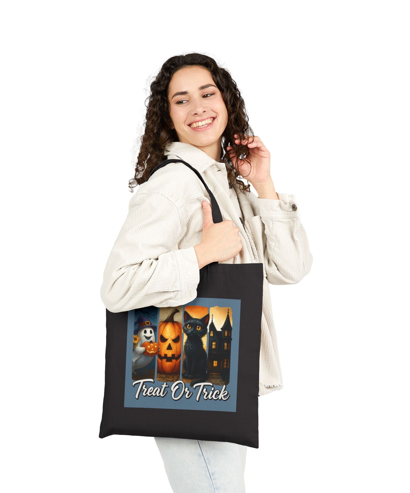 Halloween Tote Bag, Treat or Trick Cotton Bag, Spooky Season Reusable Shopper, Autumn Gift, Haunted House Tote, Cat Lover's Bag - Gallory Hive