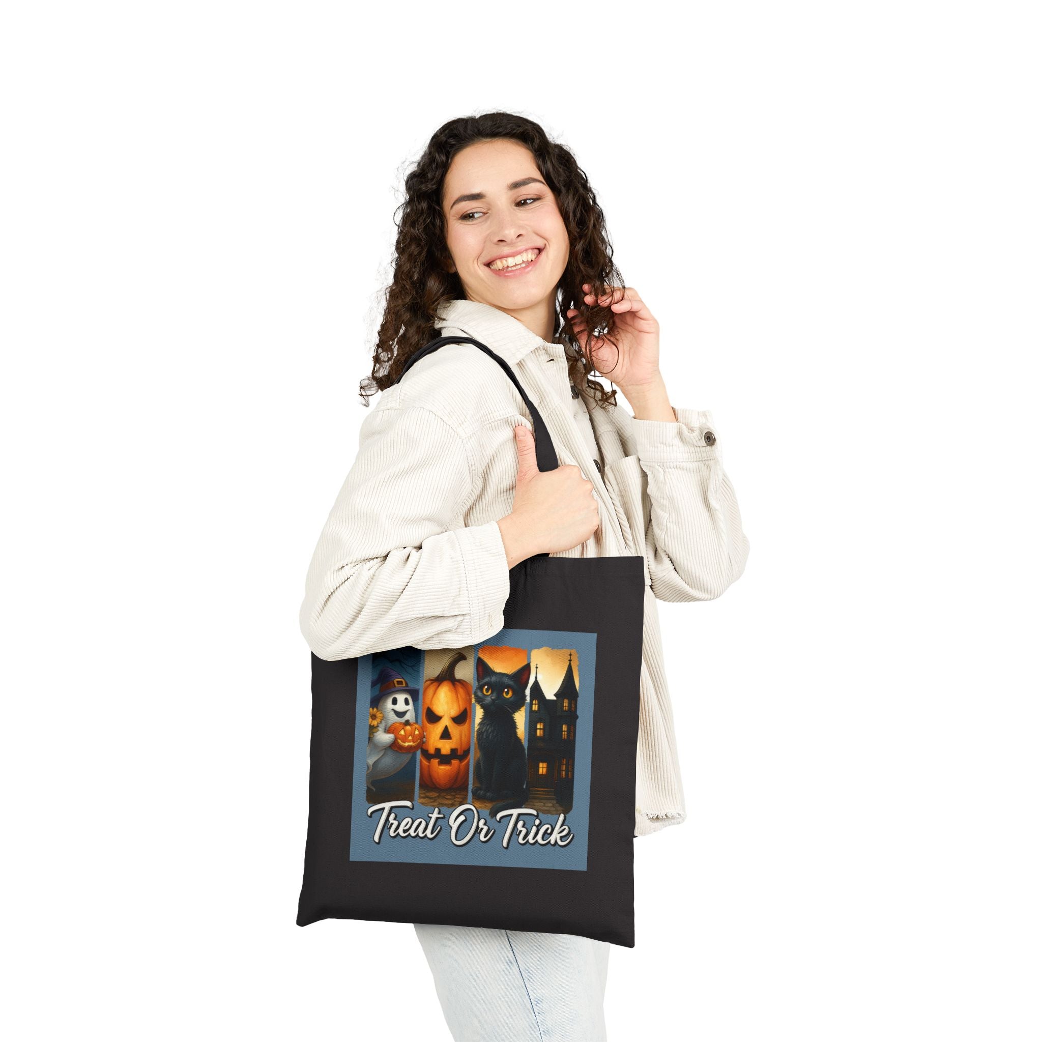 Halloween Tote Bag, Treat or Trick Cotton Bag, Spooky Season Reusable Shopper, Autumn Gift, Haunted House Tote, Cat Lover's Bag - Gallory Hive