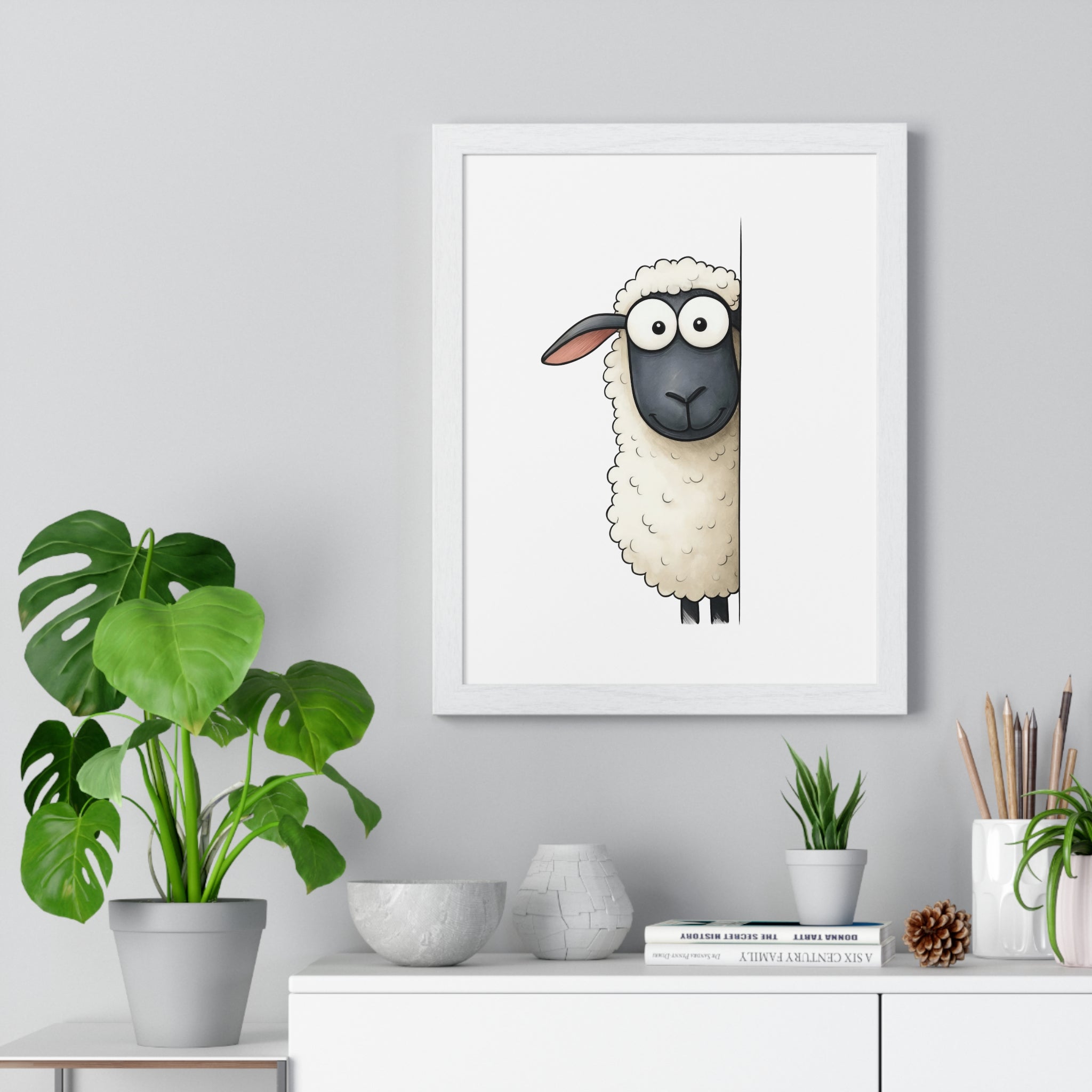 Wooden Frame Wall Decor – Cute Cartoon Sheep Print