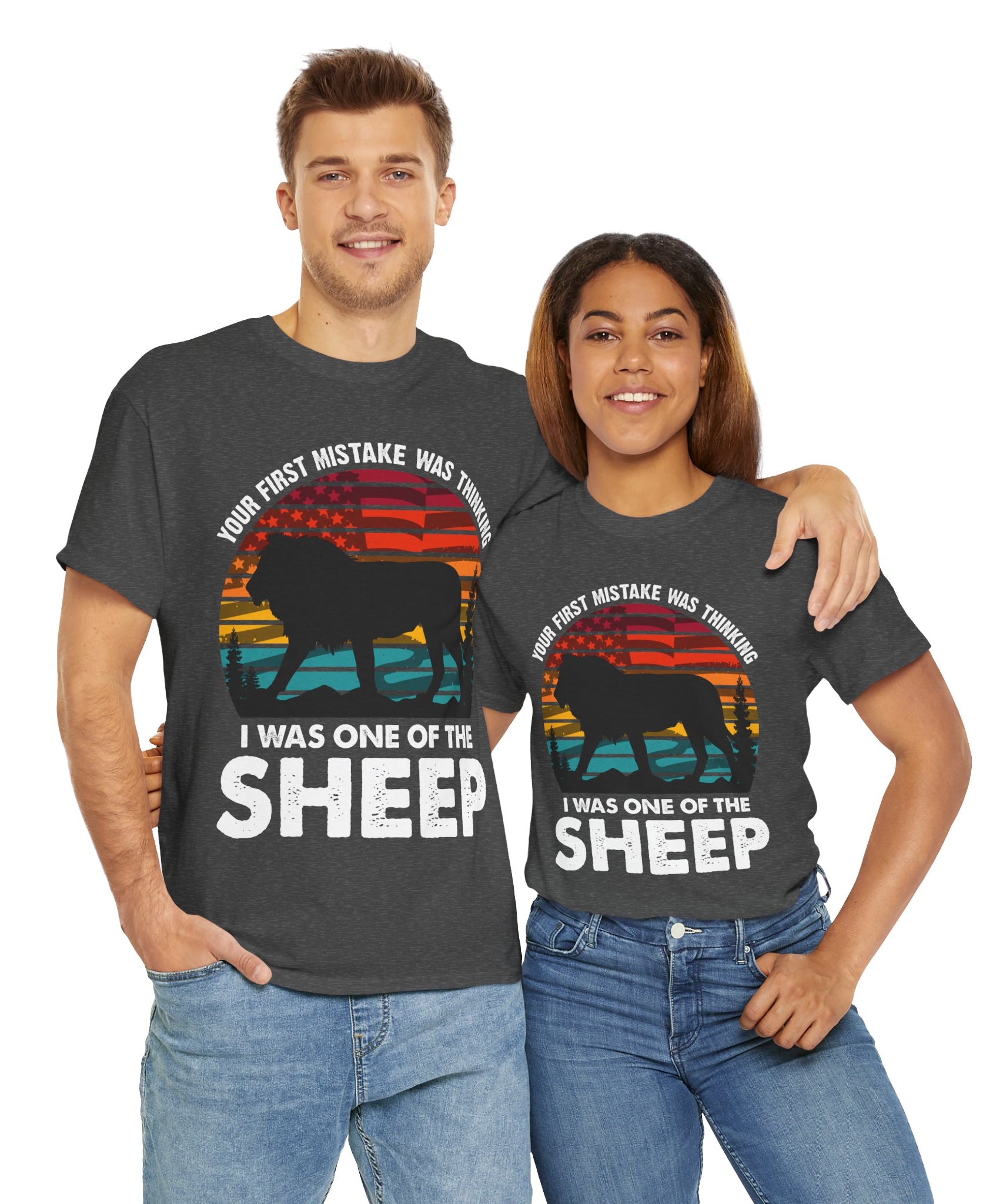 Bold Lion Tee with USA Flag Sunset