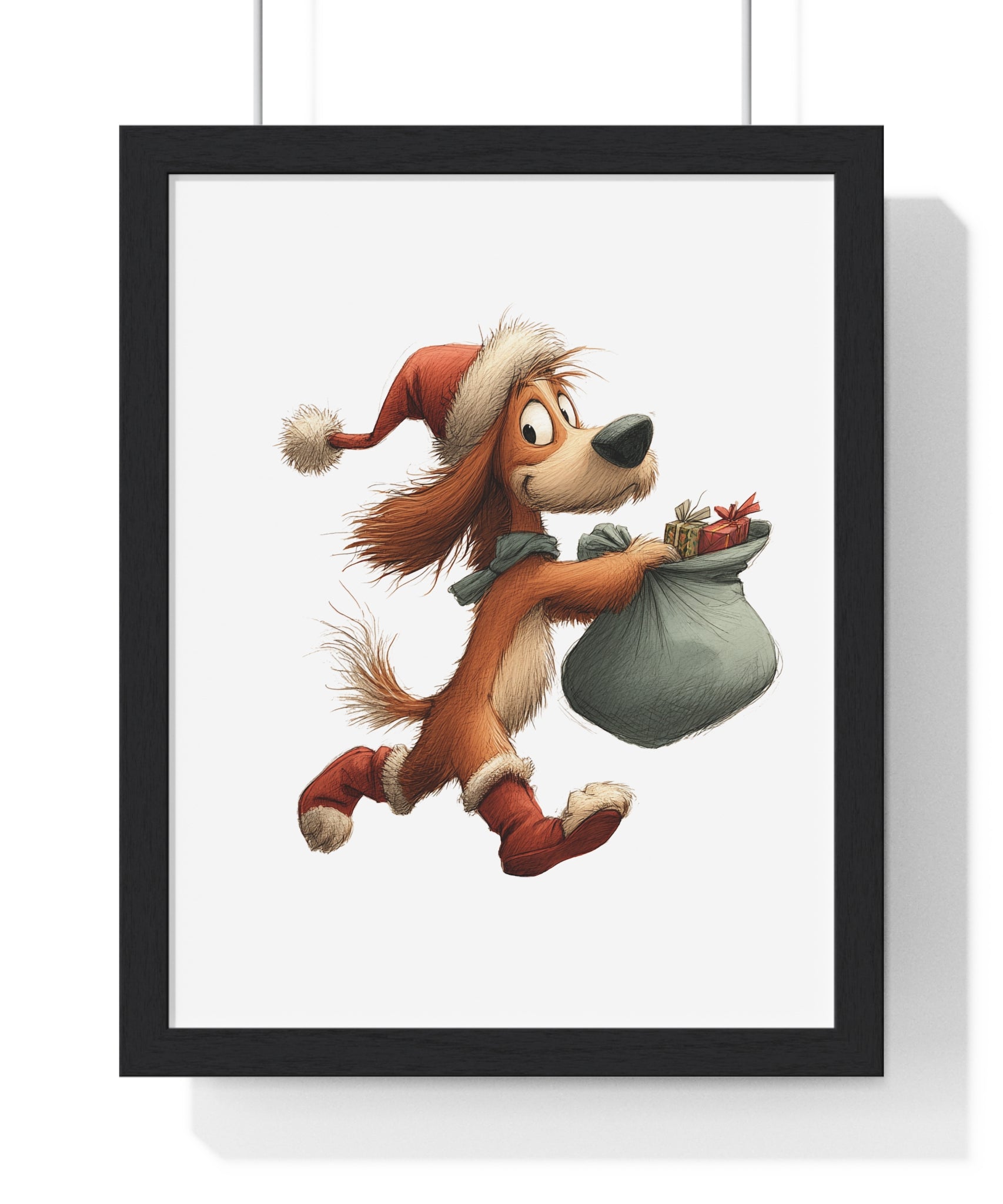 Santa Dog with Gift Sack – Wooden Wall Frame Holiday Decor