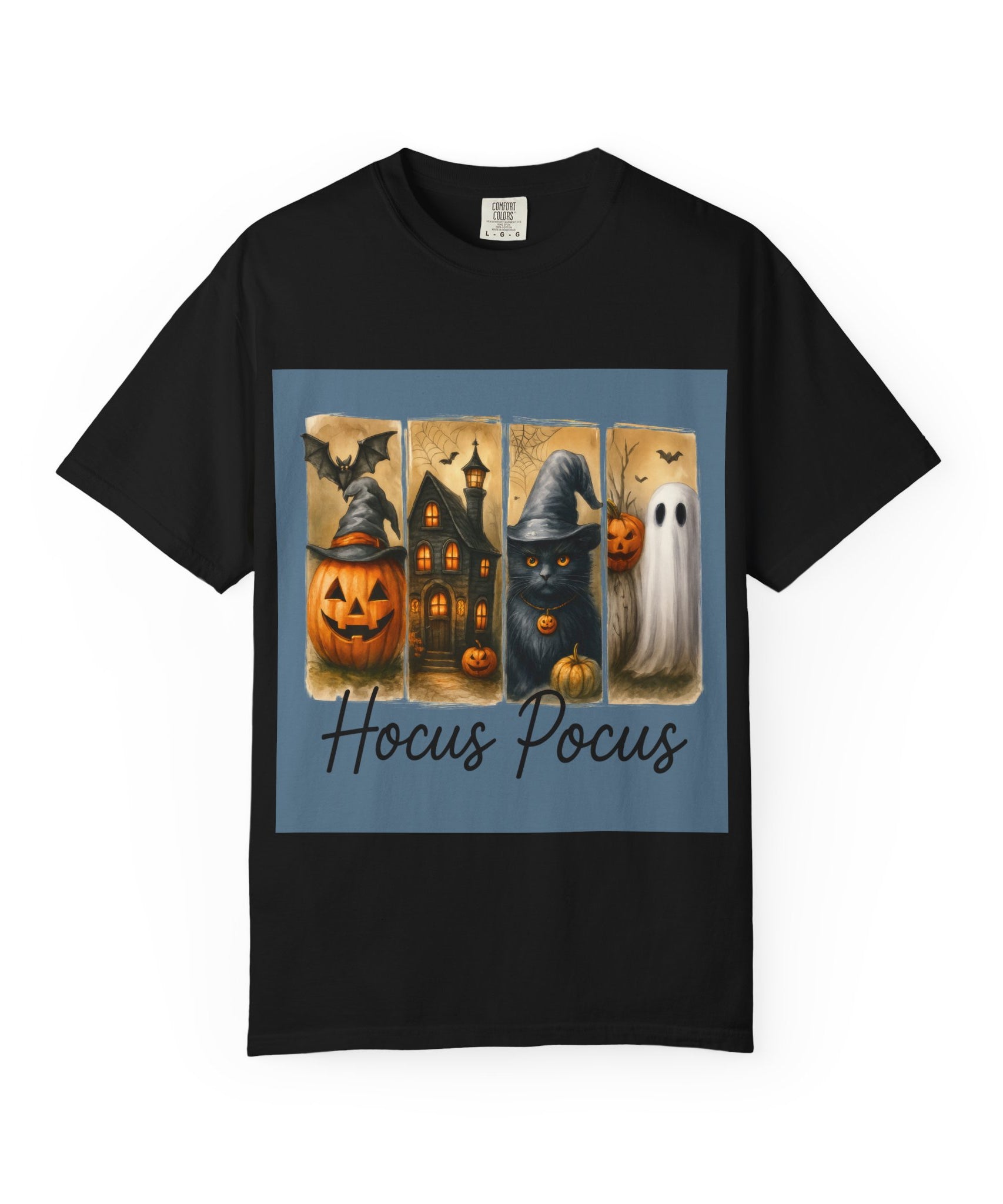 Hocus Pocus Halloween Unisex T-Shirt – Witchy Cat, Haunted House, Pumpkin & Ghost Art - Gallory Hive