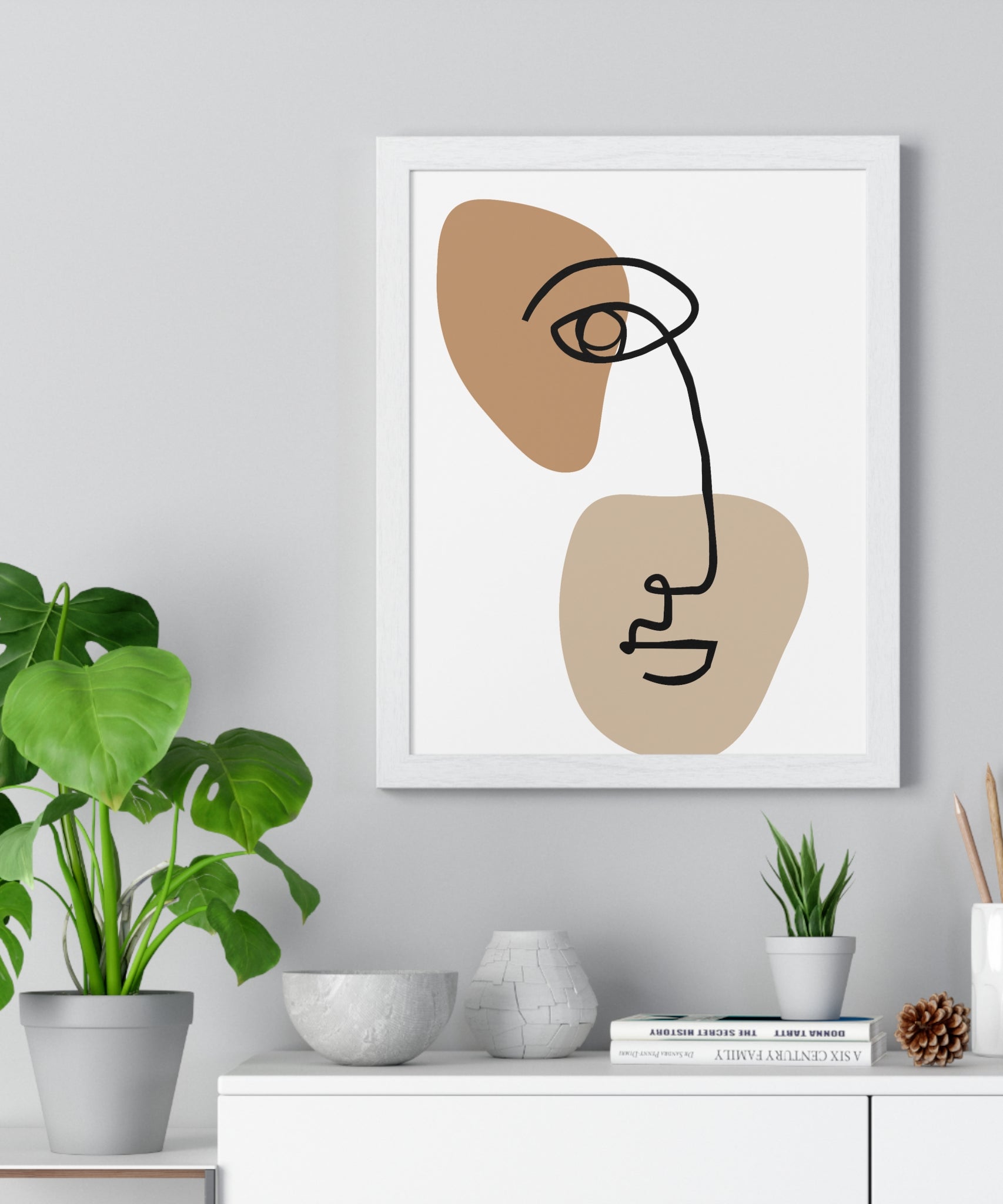Abstract Face Line Drawing – Wood Frame Poster