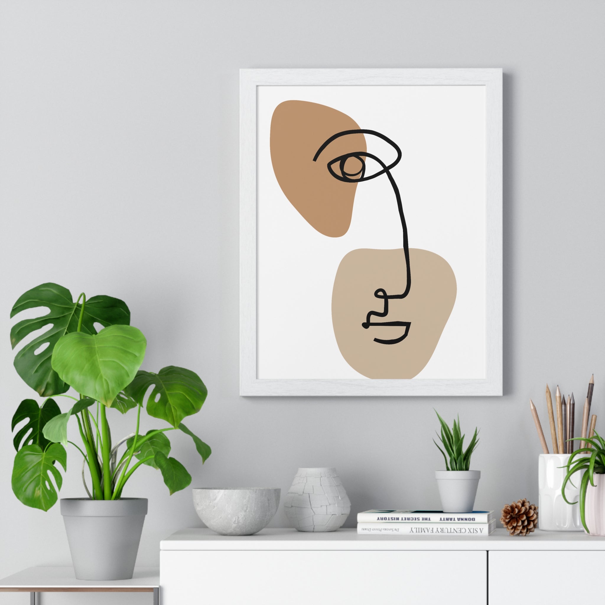 Abstract Face Line Drawing – Wood Frame Poster