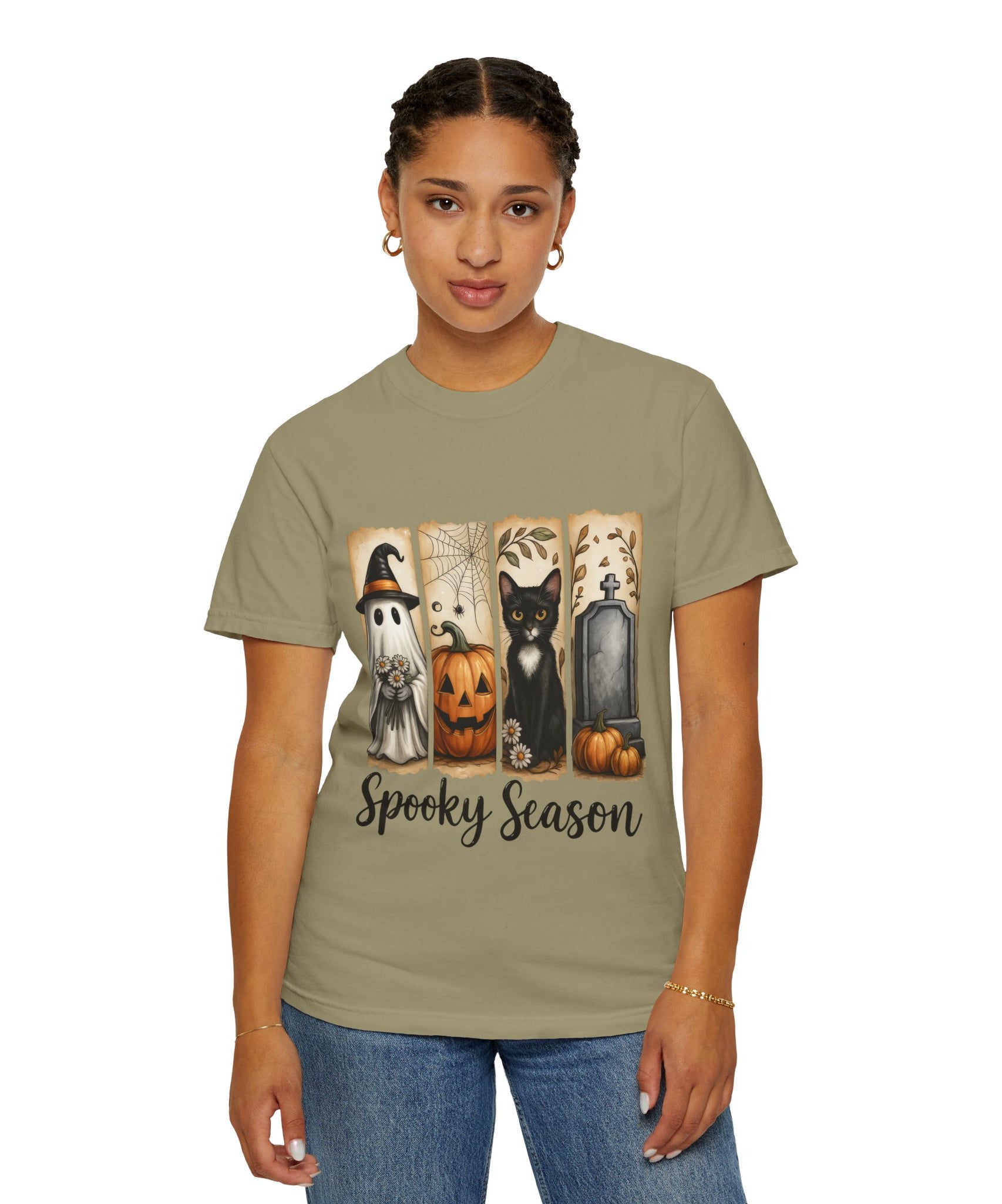 Spooky Season Halloween Unisex T-Shirt – Ghost, Cat & Pumpkin Design - Gallory Hive