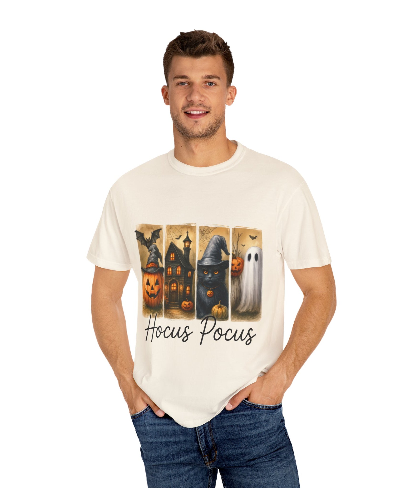Hocus Pocus Halloween Unisex T-Shirt – Witchy Cat, Haunted House, Pumpkin & Ghost Art - Gallory Hive