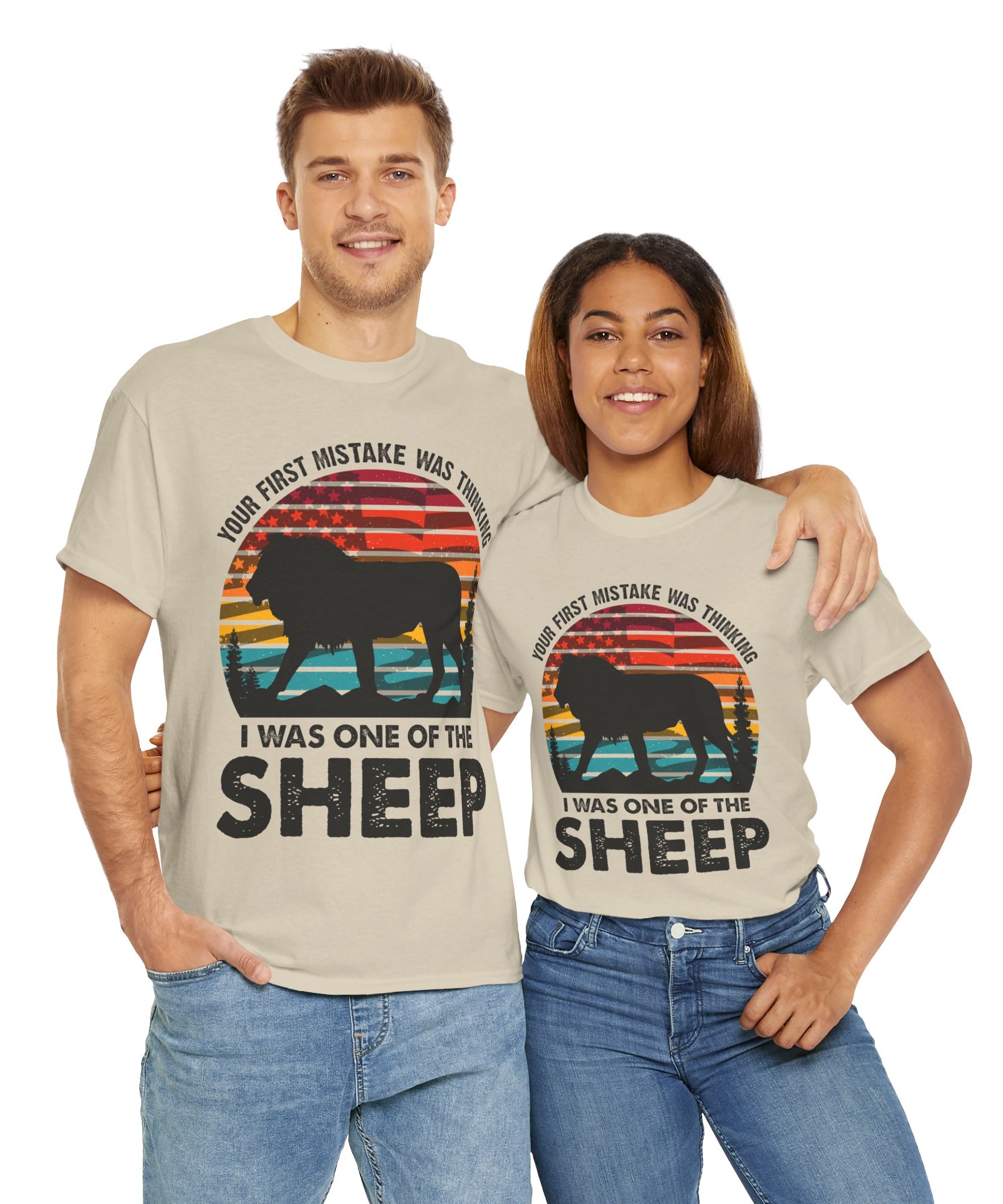 Bold Lion Tee with USA Flag Sunset