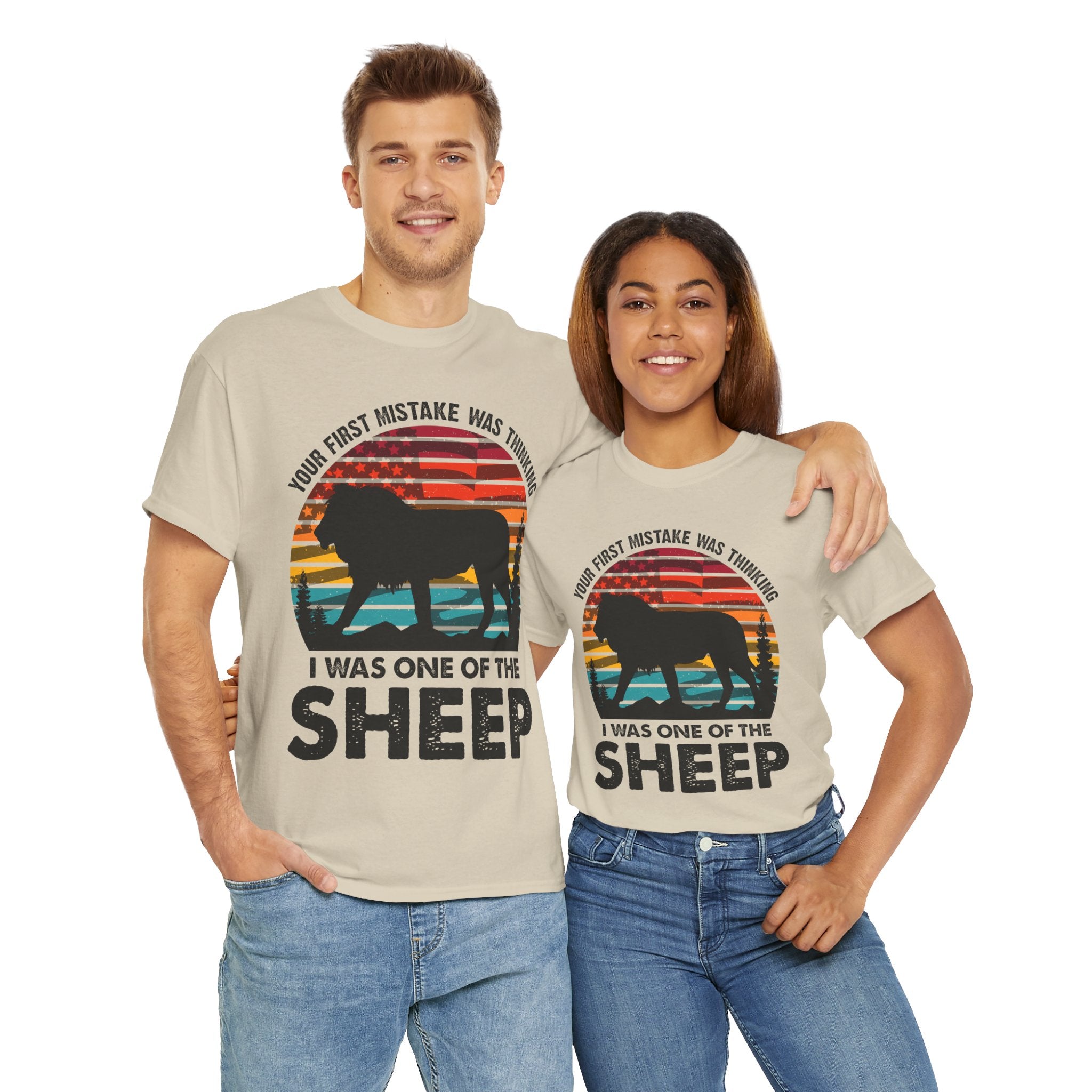 Bold Lion Tee with USA Flag Sunset