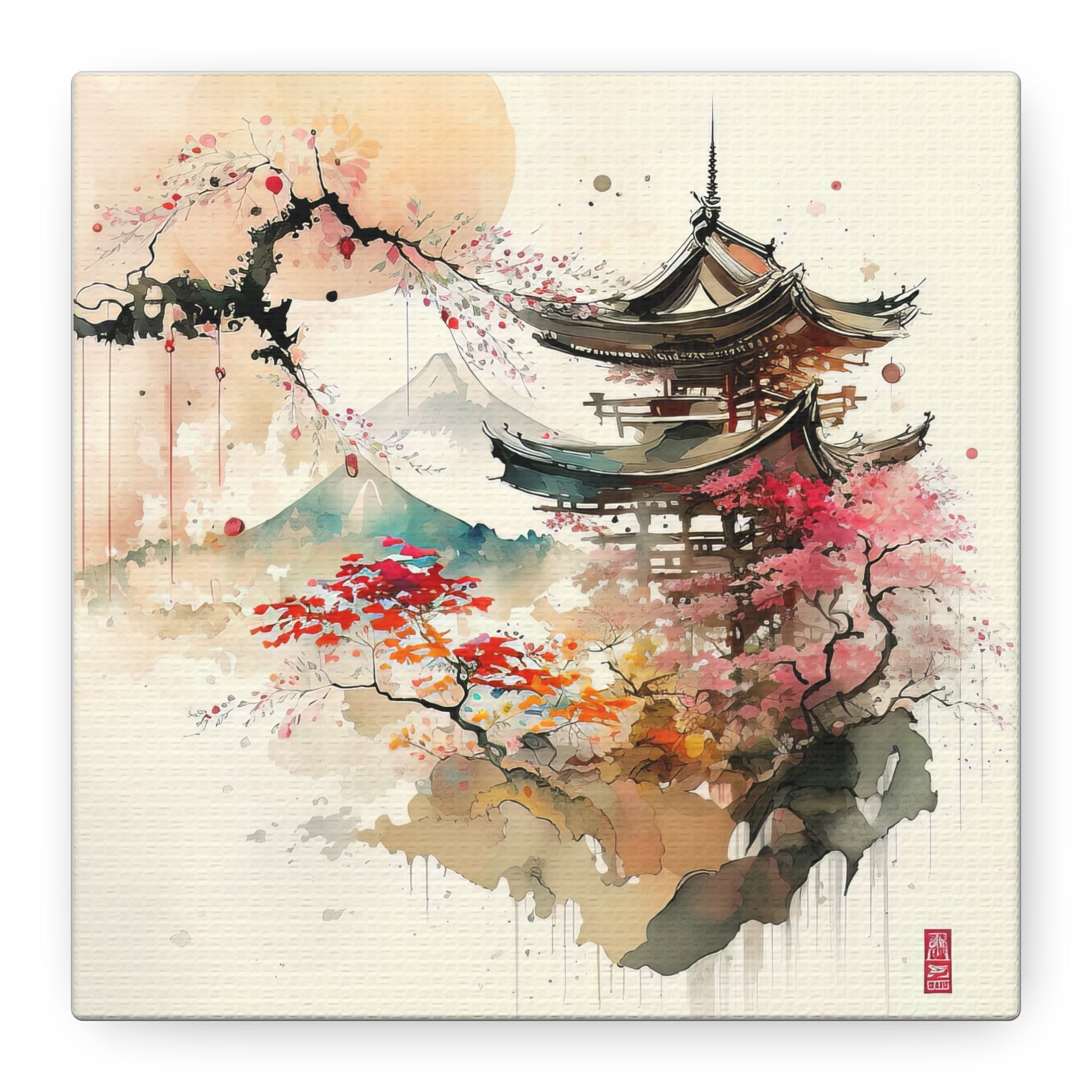 Serene Japanese Temple Watercolor Wall Art – Cherry Blossoms & Mount Fuji, Floral Canvas Print, Asian-Inspired Home Decor