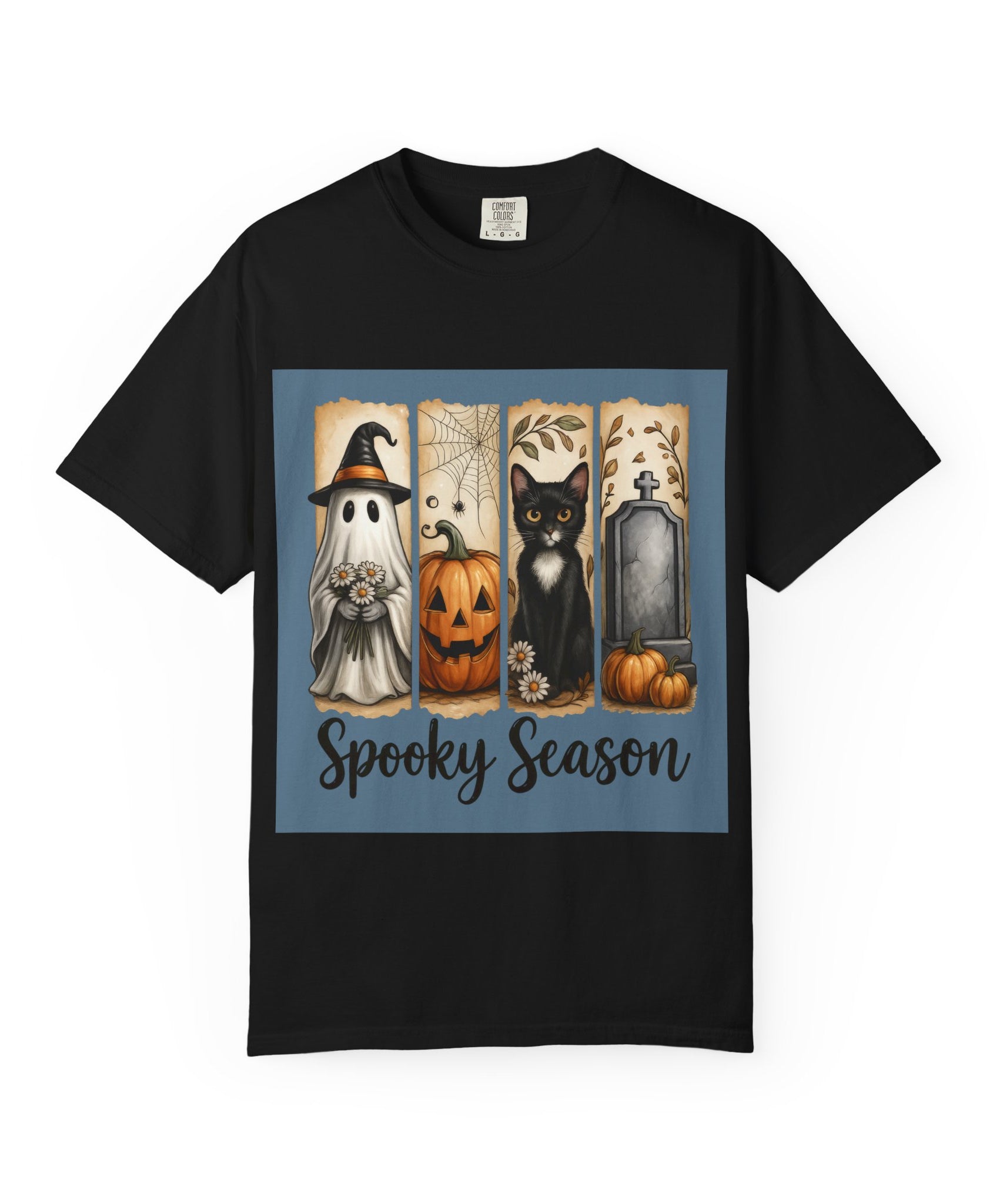 Spooky Season Halloween Unisex T-Shirt – Ghost, Cat & Pumpkin Design - Gallory Hive