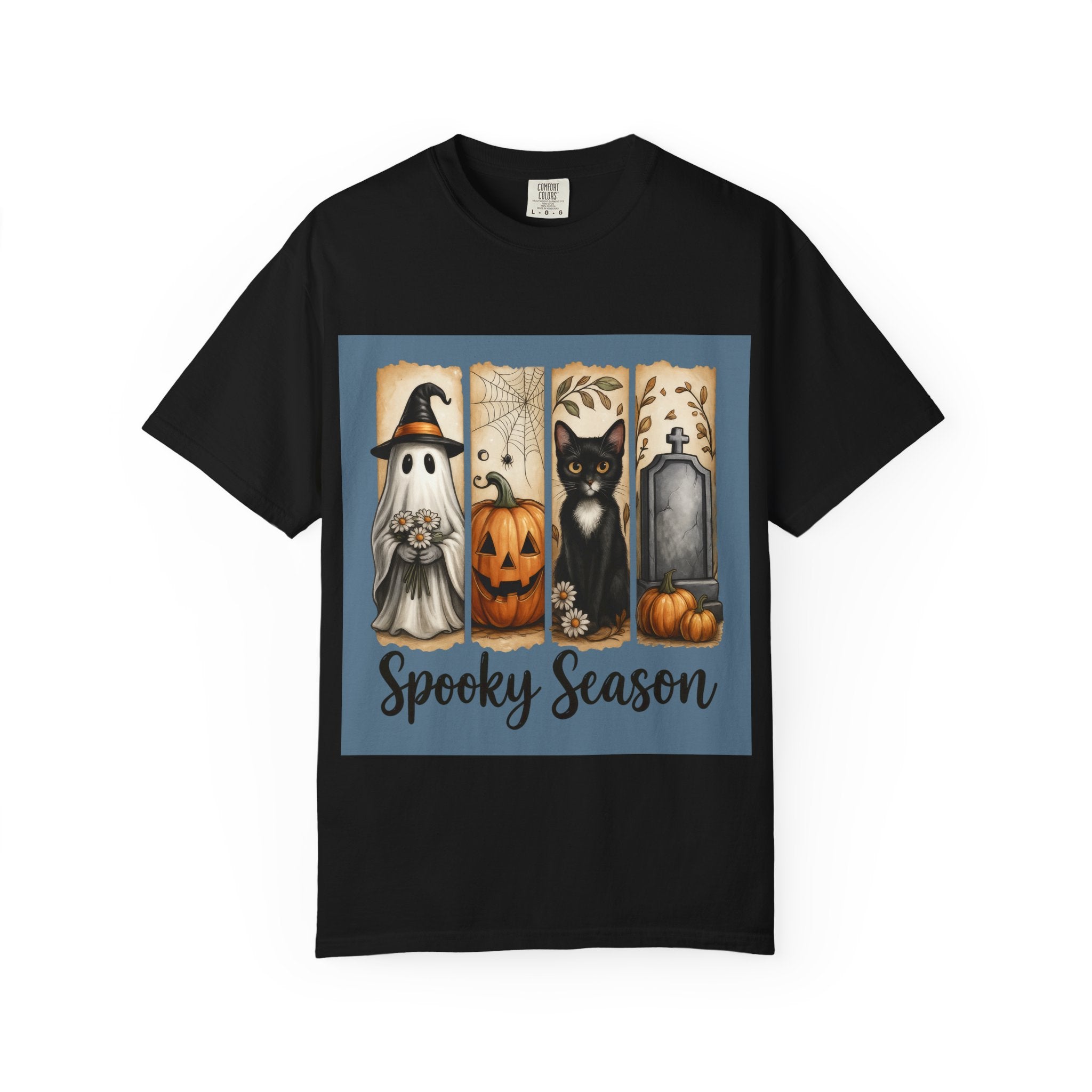 Spooky Season Halloween Unisex T-Shirt – Ghost, Cat & Pumpkin Design - Gallory Hive