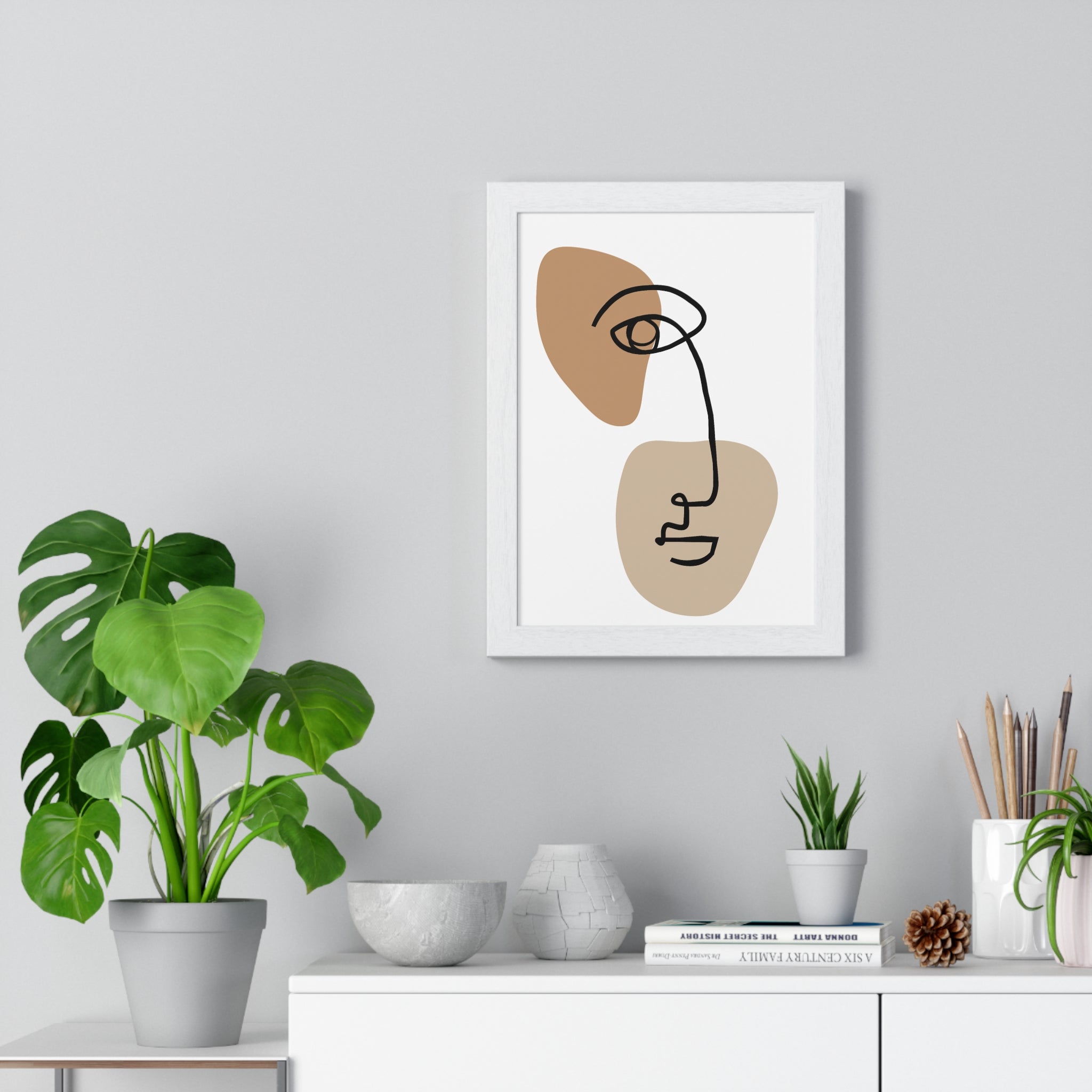 Abstract Face Line Drawing – Wood Frame Poster