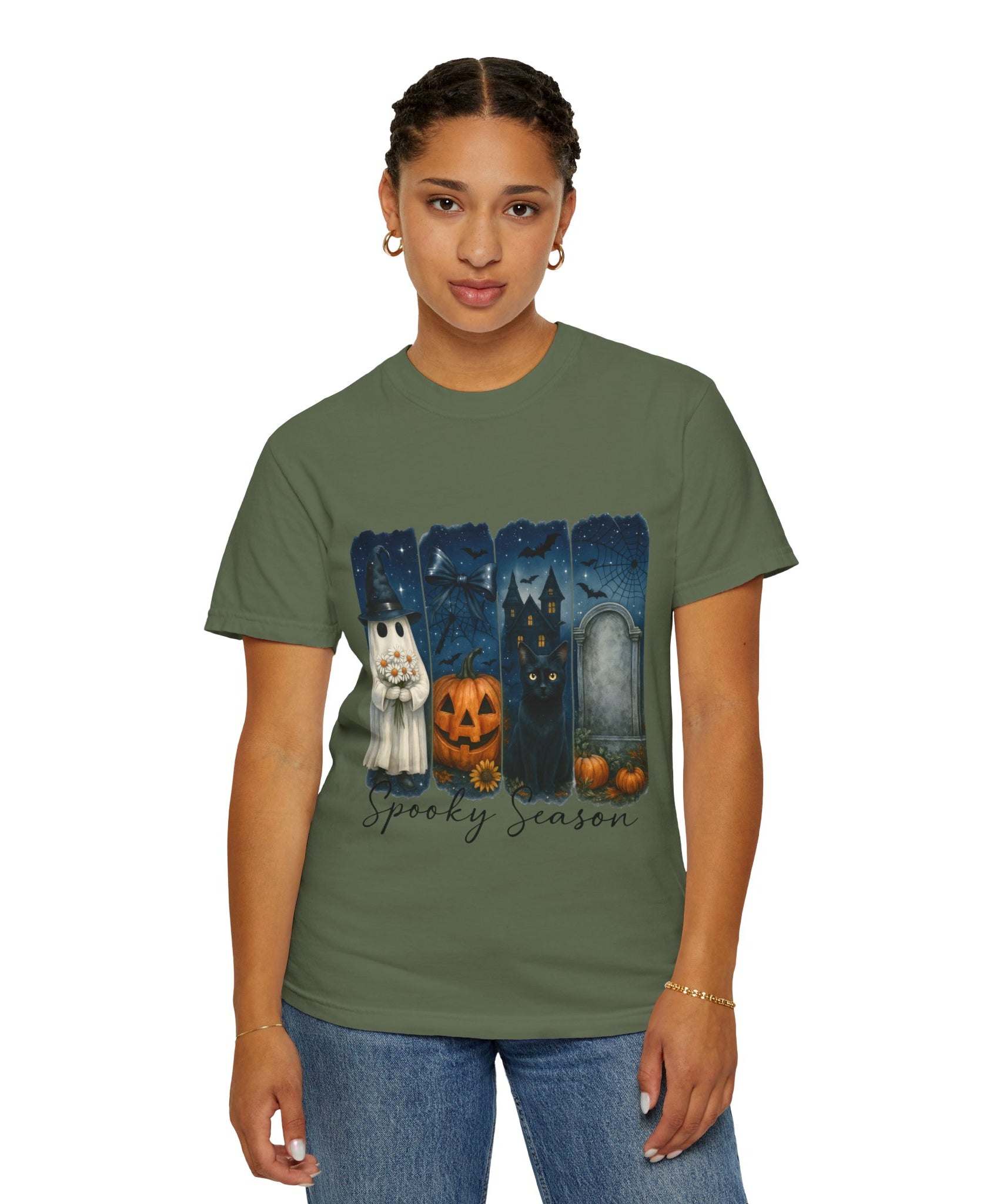 Spooky Season Halloween T-Shirt – Ghost, Black Cat, Pumpkin & Haunted House Design - Gallory Hive