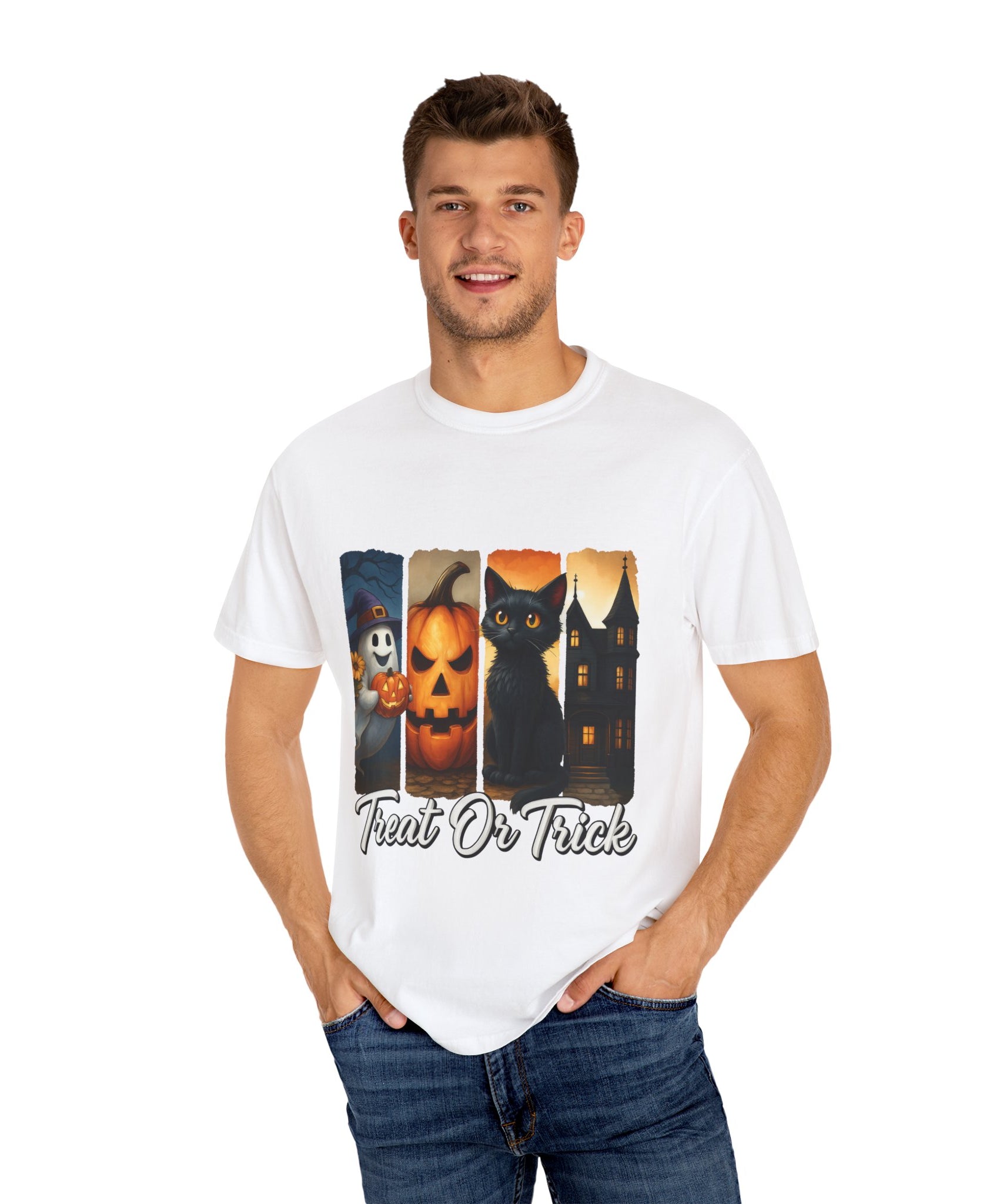 Treat Or Trick Halloween T-Shirt – Cute Ghost, Pumpkin, Black Cat & Haunted House Design - Gallory Hive