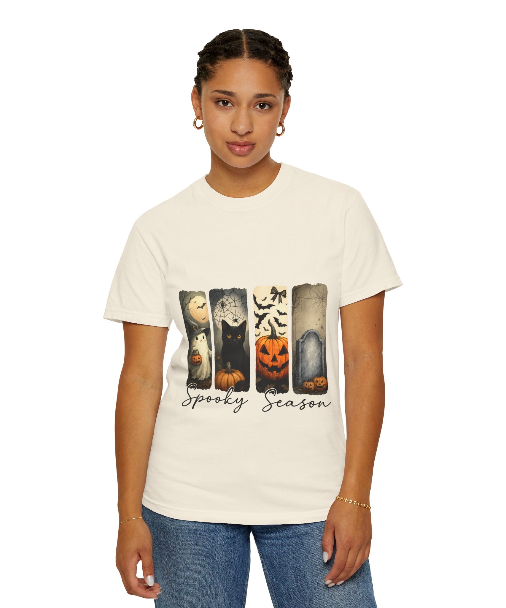 Halloween Night Unisex T-Shirt – Ghost, Black Cat, Pumpkin & Tombstone Vintage Art - Gallory Hive