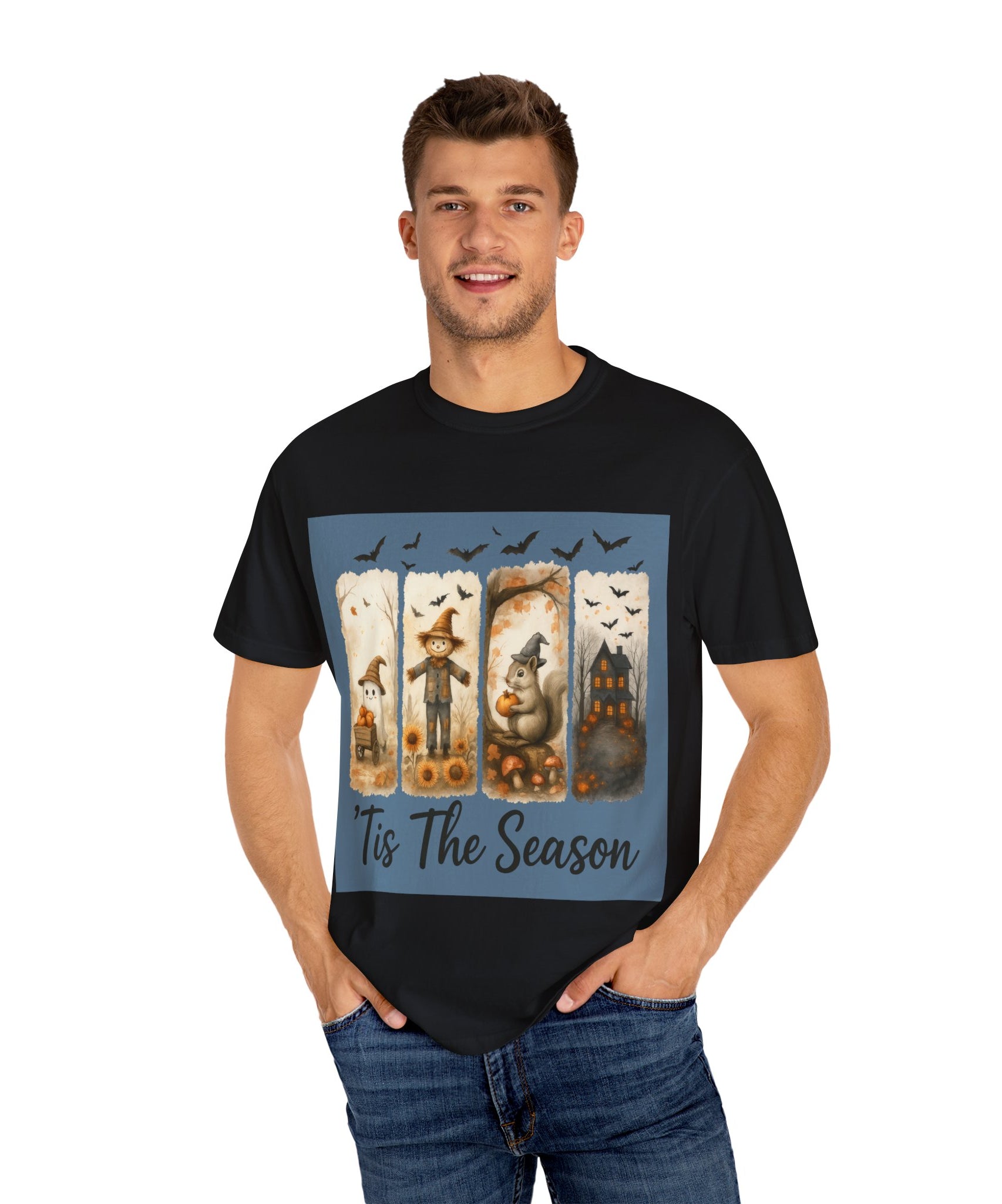 Tis The Season Fall Halloween T-Shirt – Cute Ghost, Scarecrow, Squirrel & Haunted House Design - Gallory Hive