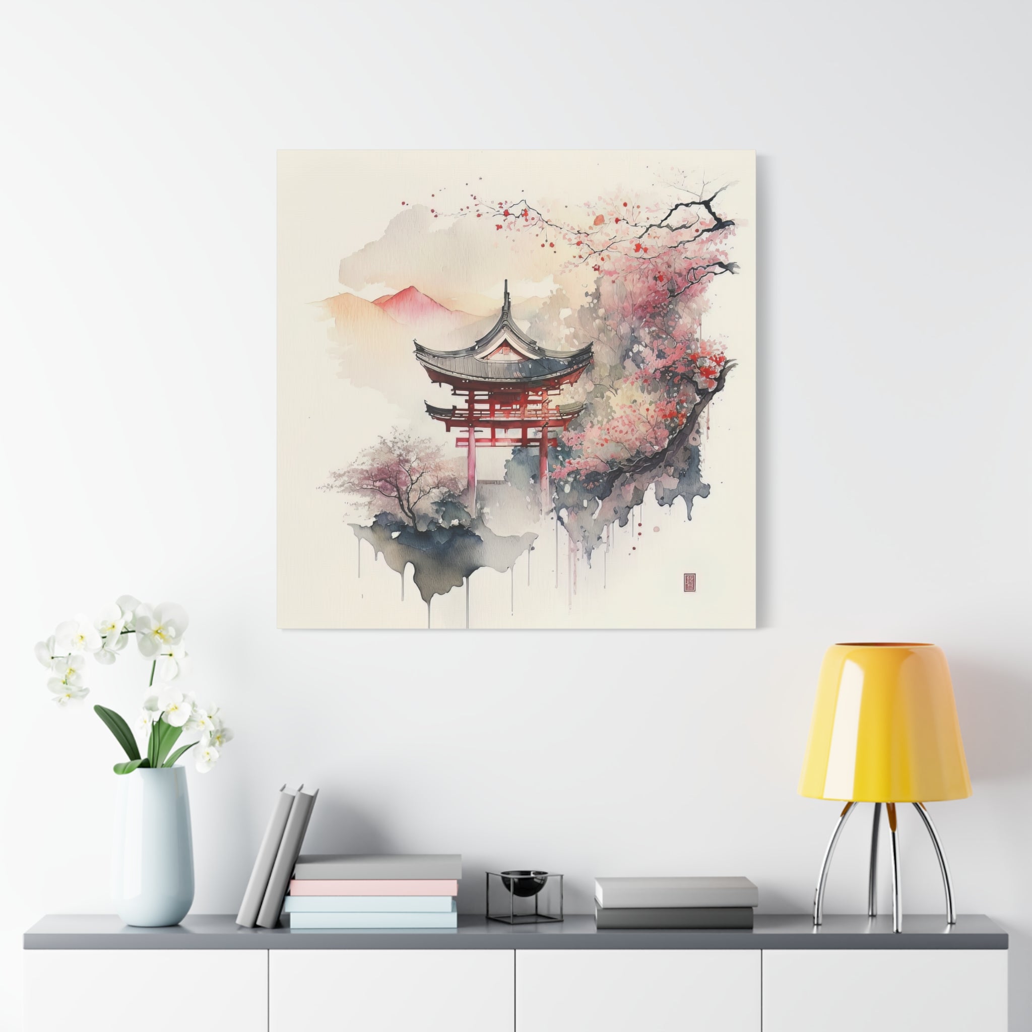 Floating Torii Gate – Japanese Watercolor Wall Art with Cherry Blossoms & Mountain View, Floral Canvas Print, Asian-Inspired Home Decor - Gallory Hive