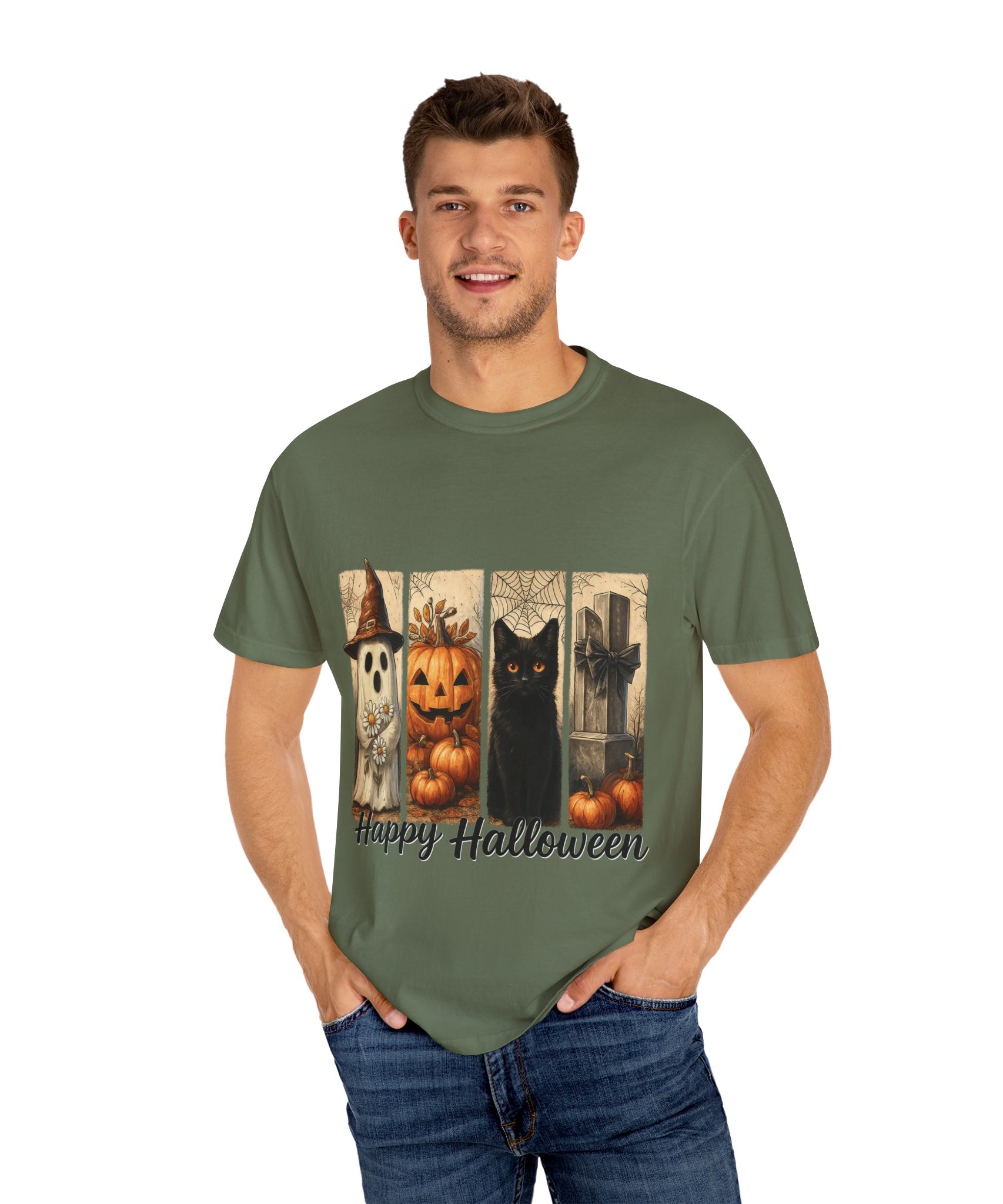 Happy Halloween Unisex T-Shirt – Ghost, Black Cat & Pumpkin Graphic Tee - Gallory Hive