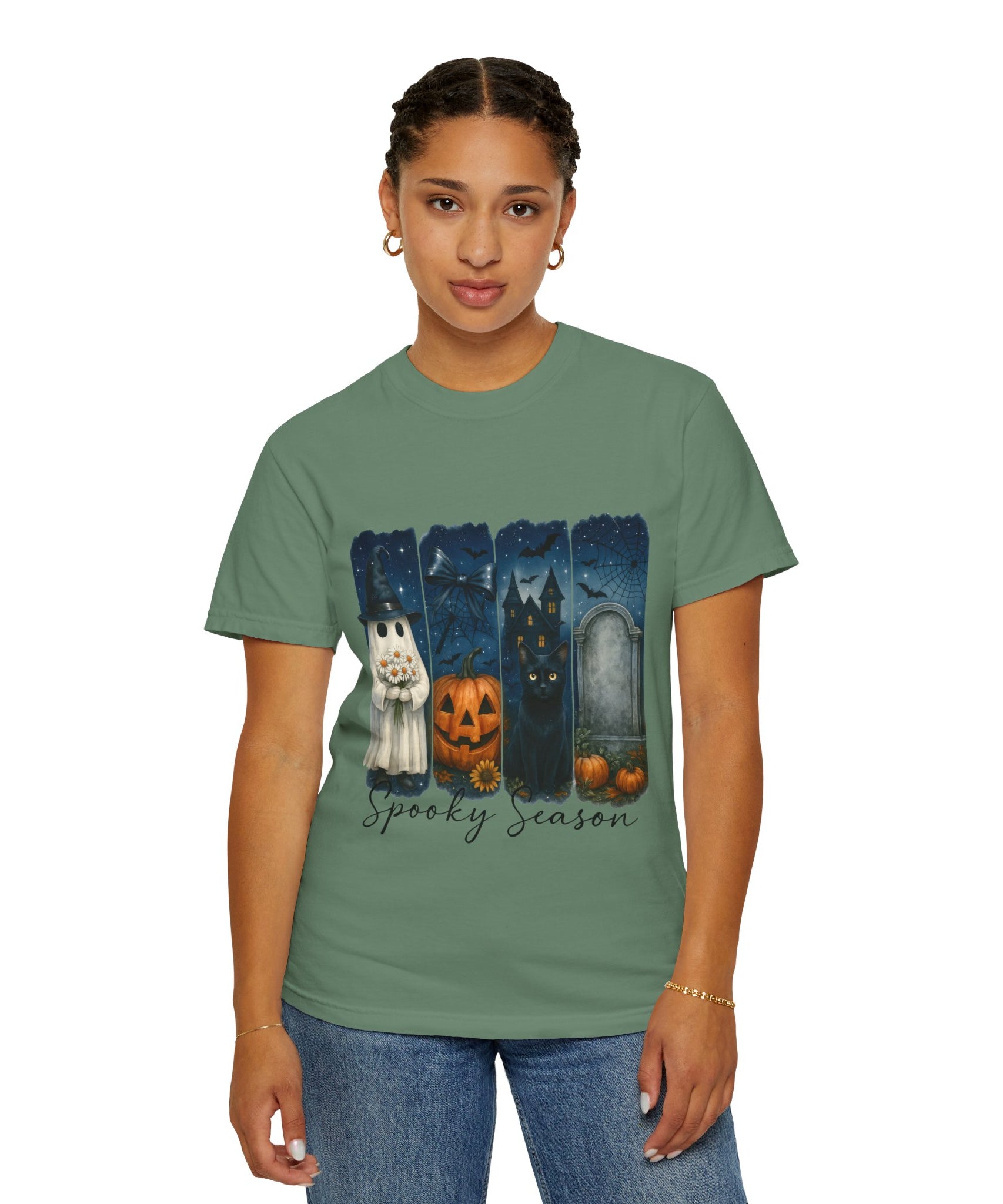 Spooky Season Halloween T-Shirt – Ghost, Black Cat, Pumpkin & Haunted House Design - Gallory Hive