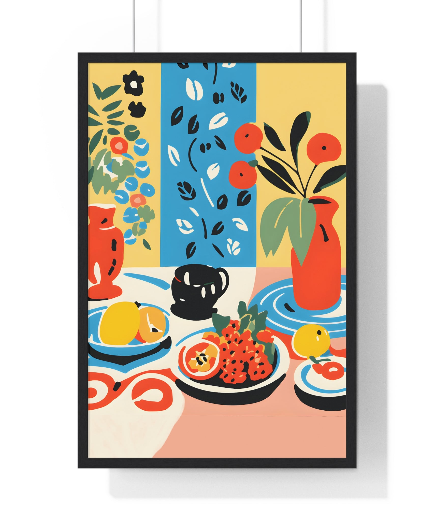 Modern Table Setting Art – Premium Wooden Framed Poster with Fruits & Floral Vases