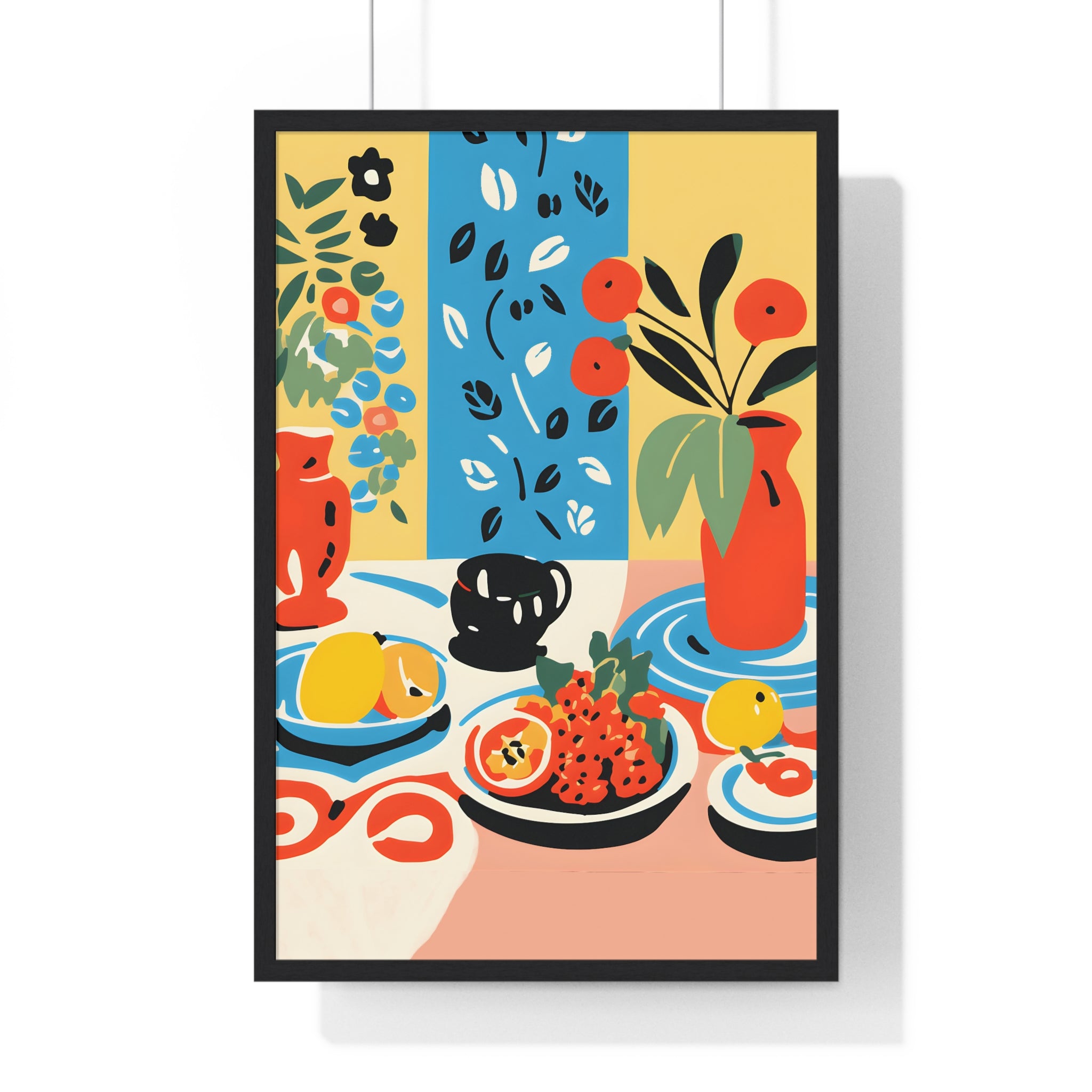 Modern Table Setting Art – Premium Wooden Framed Poster with Fruits & Floral Vases