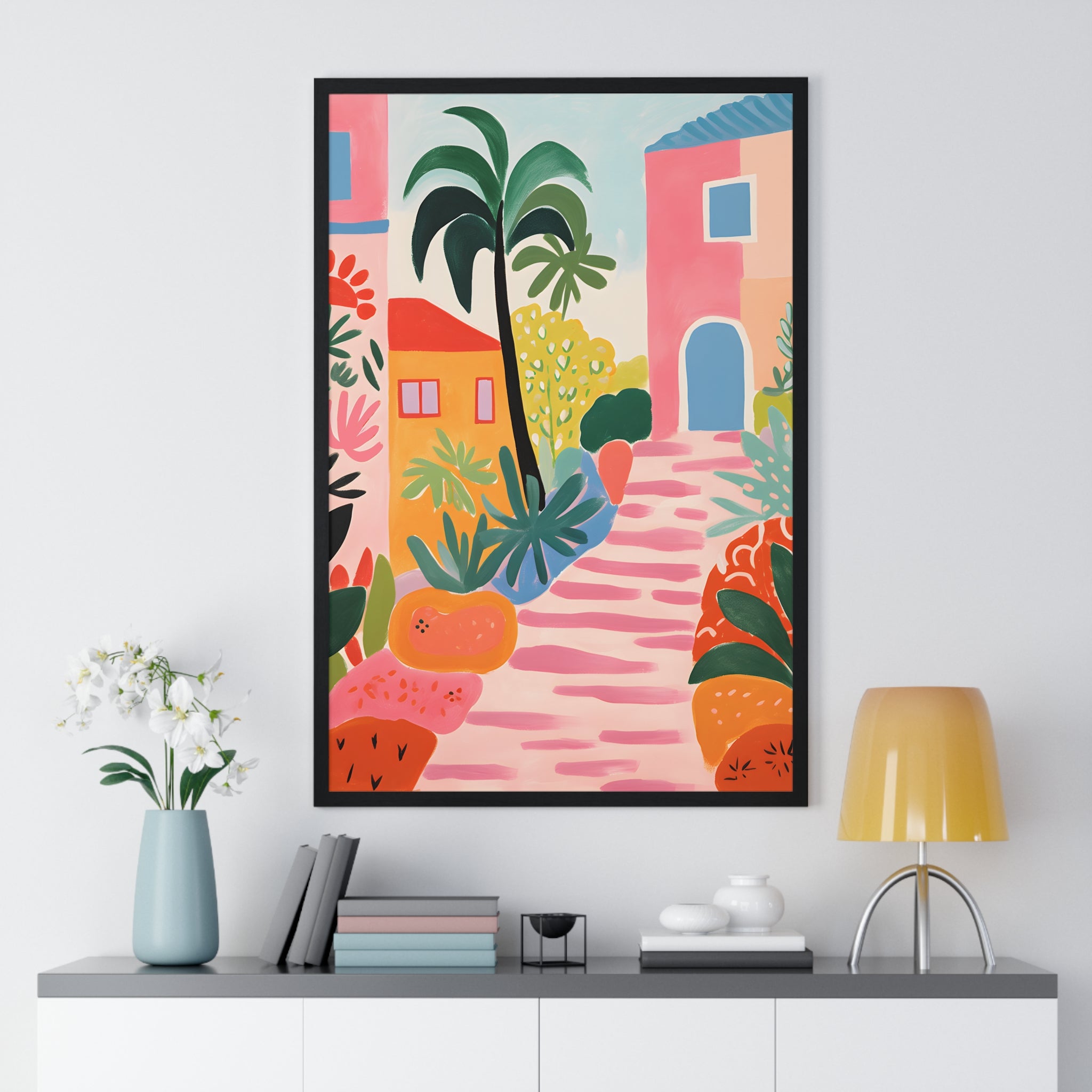 Tropical Village Art – Premium Wooden Framed Poster with Palm Tree & Colorful Homes