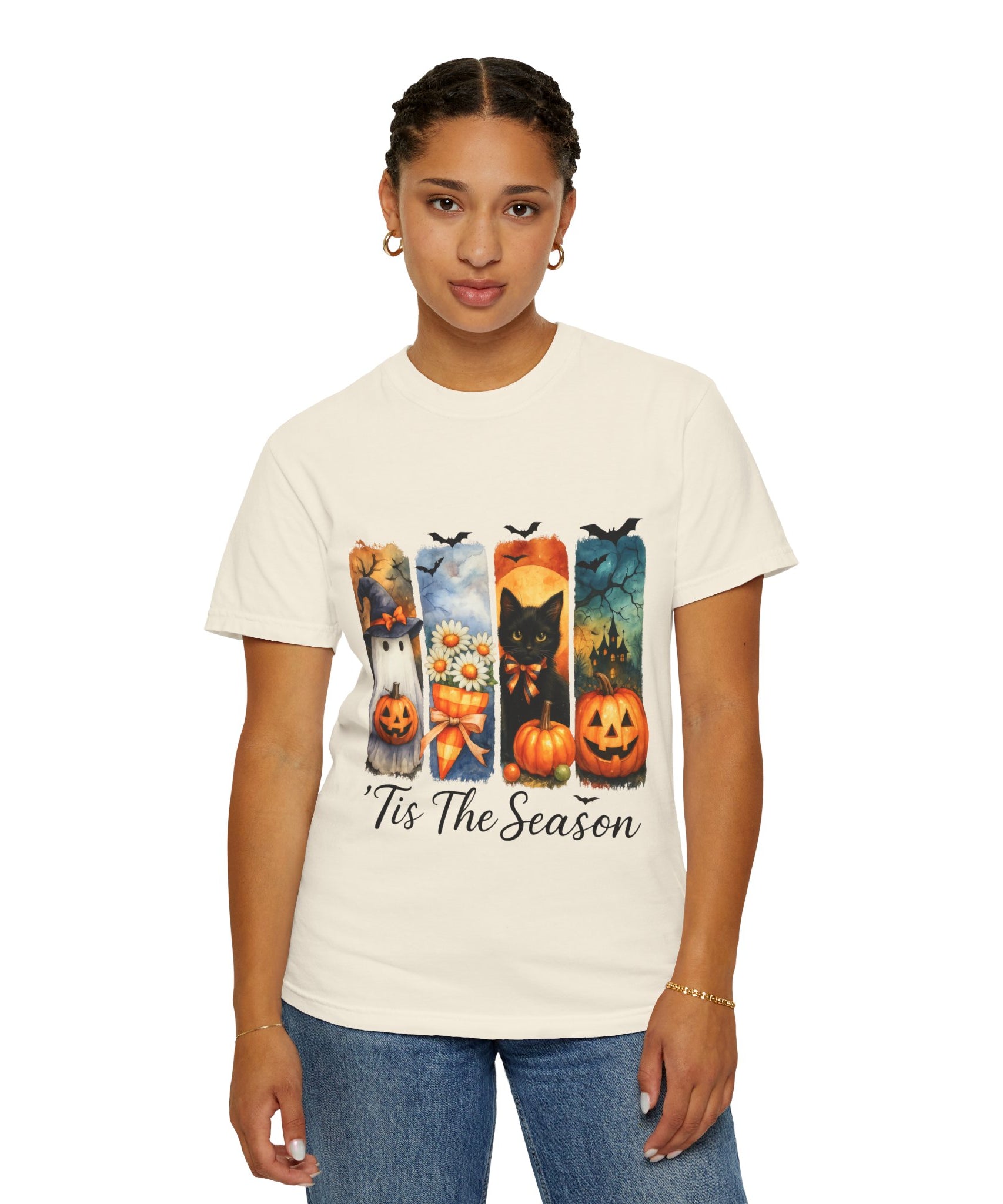 Whimsical Halloween T-Shirt – Ghost, Black Cat, Pumpkins & Haunted House Design - Gallory Hive