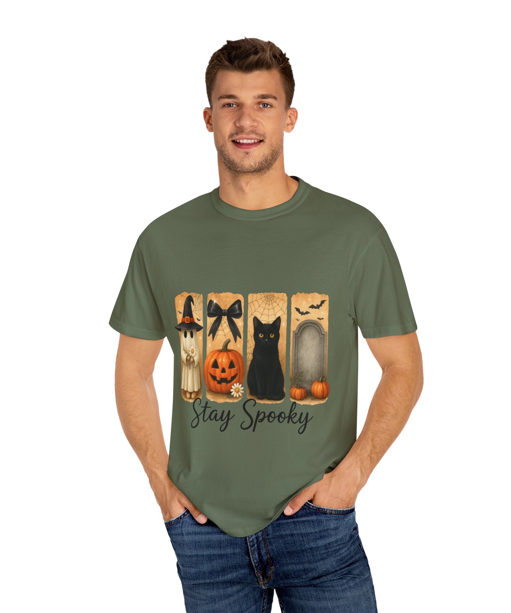 Cute Halloween T-Shirt – Ghost in Witch Hat, Pumpkin, Black Cat & Tombstone Design - Gallory Hive