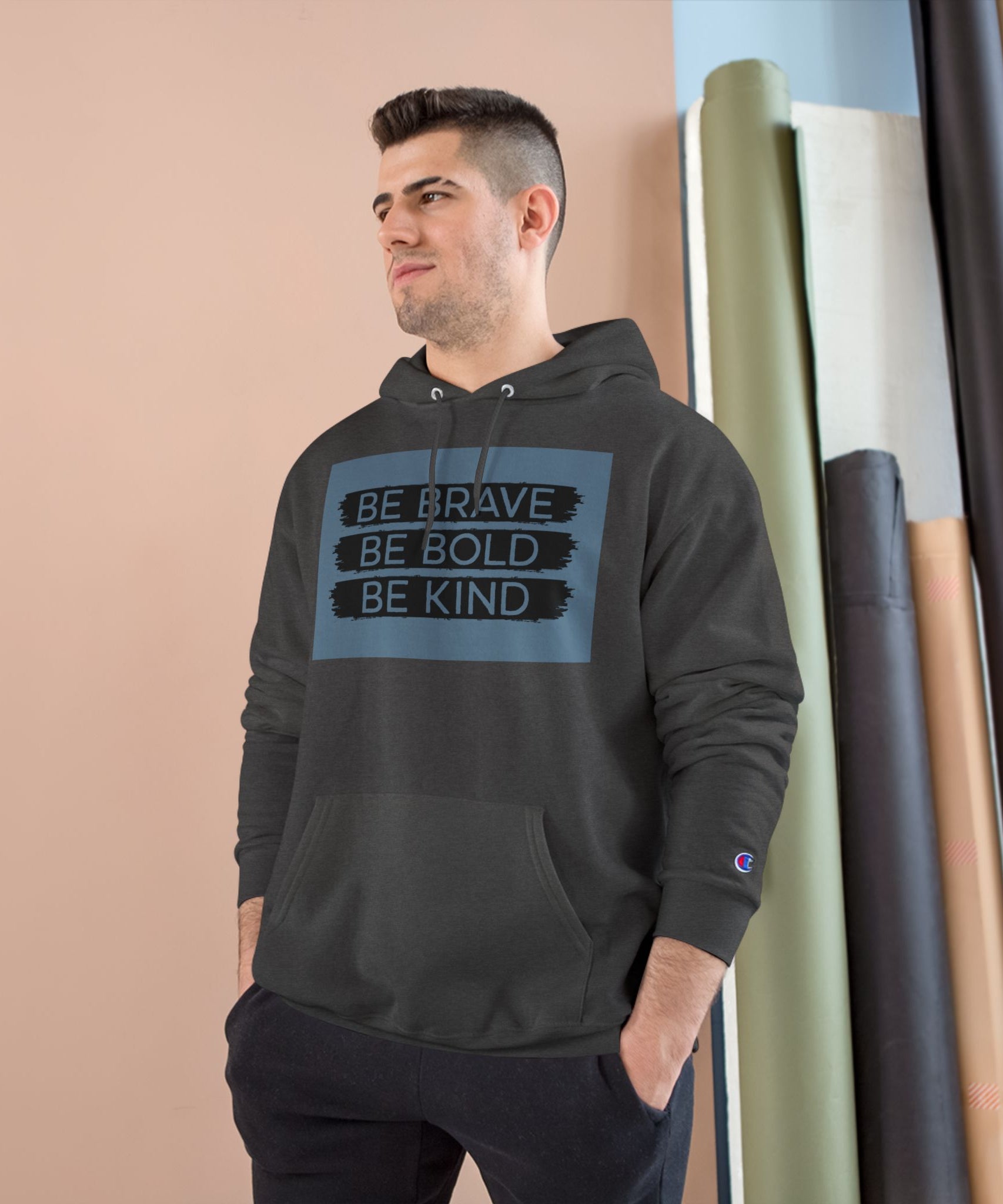 Champion Hoodie - Bold, Brave, Kind Minimalist Hand Sign Print