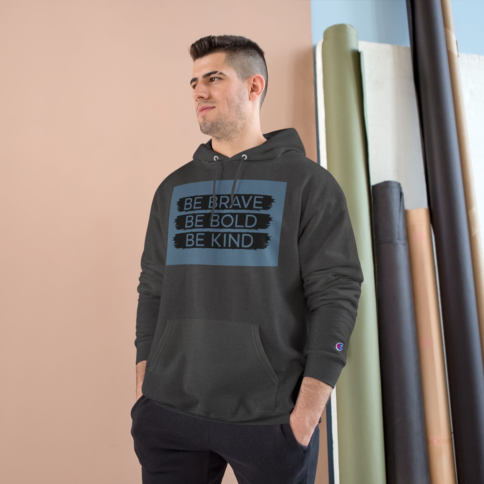 Champion Hoodie - Bold, Brave, Kind Minimalist Hand Sign Print