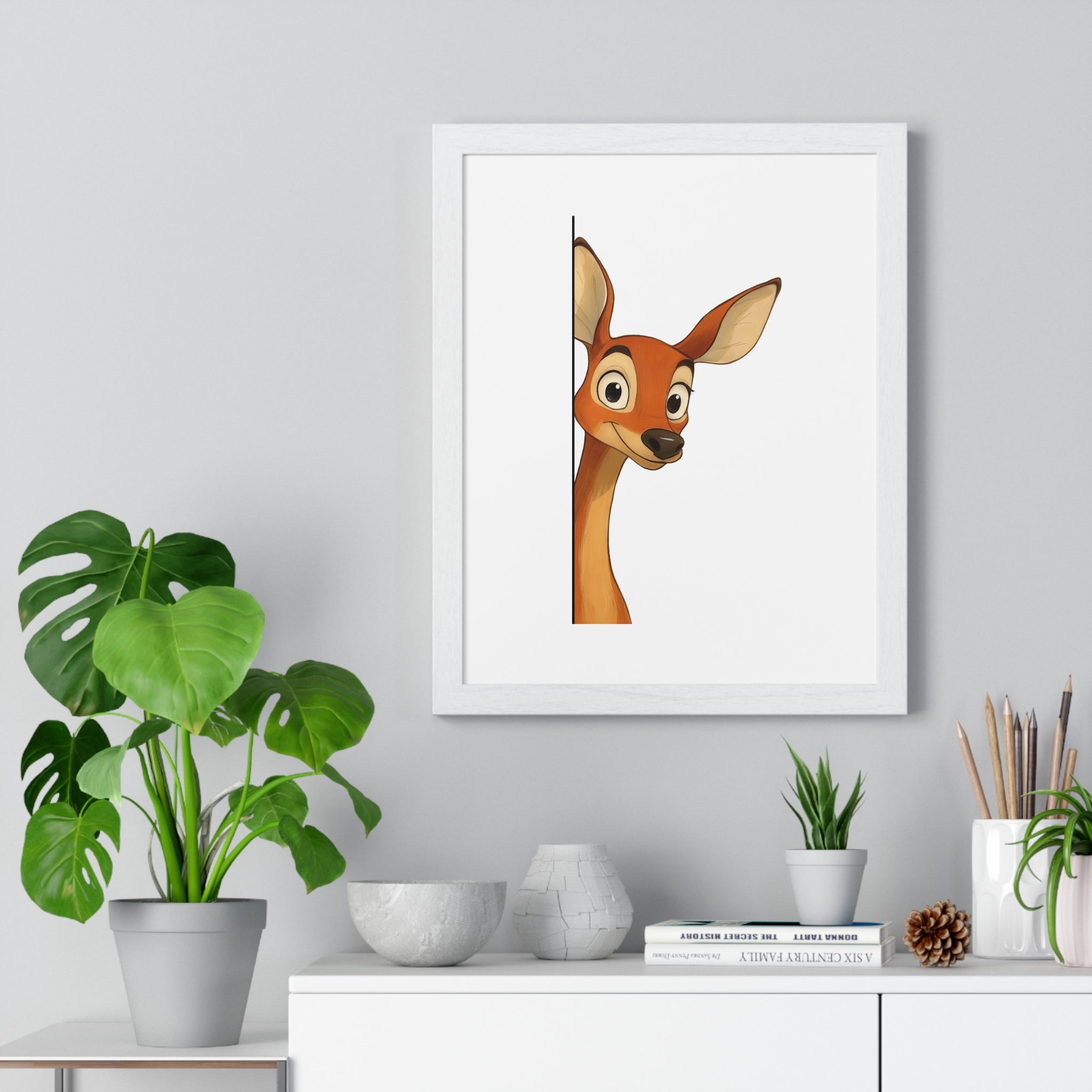 Friendly Deer Peekaboo Wall Art – Wooden Frame Decor for Nursery & Kids' Rooms