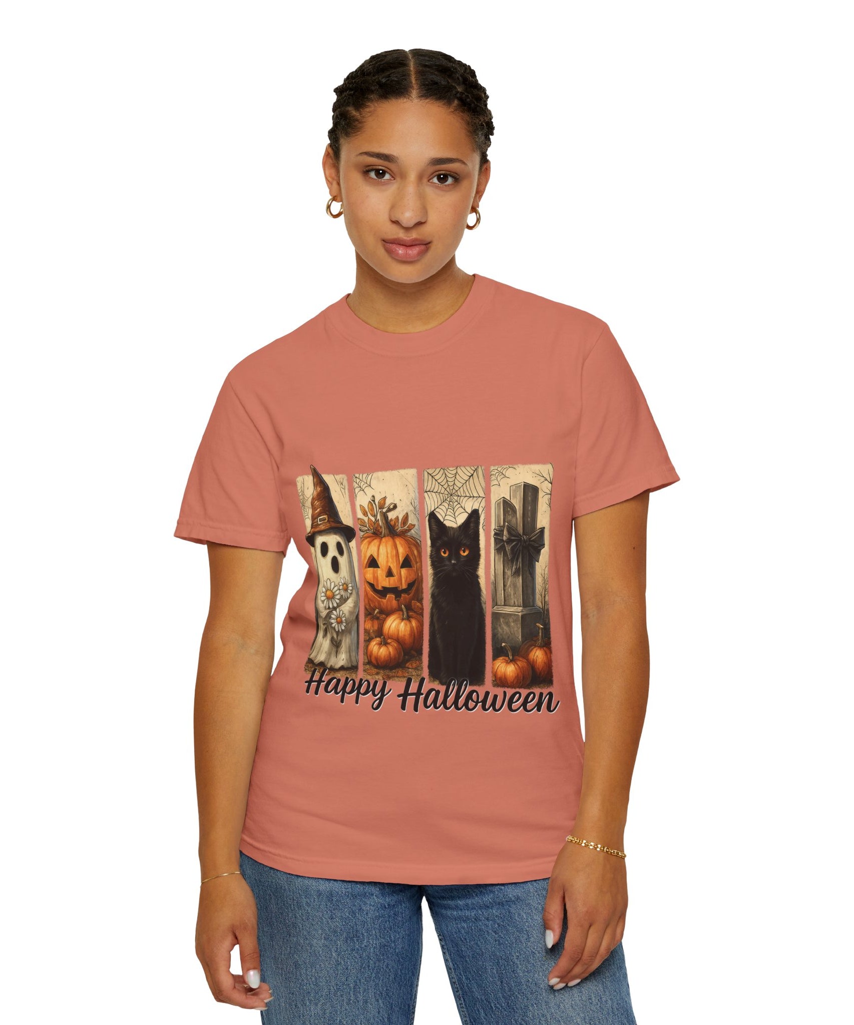 Happy Halloween Unisex T-Shirt – Ghost, Black Cat & Pumpkin Graphic Tee - Gallory Hive