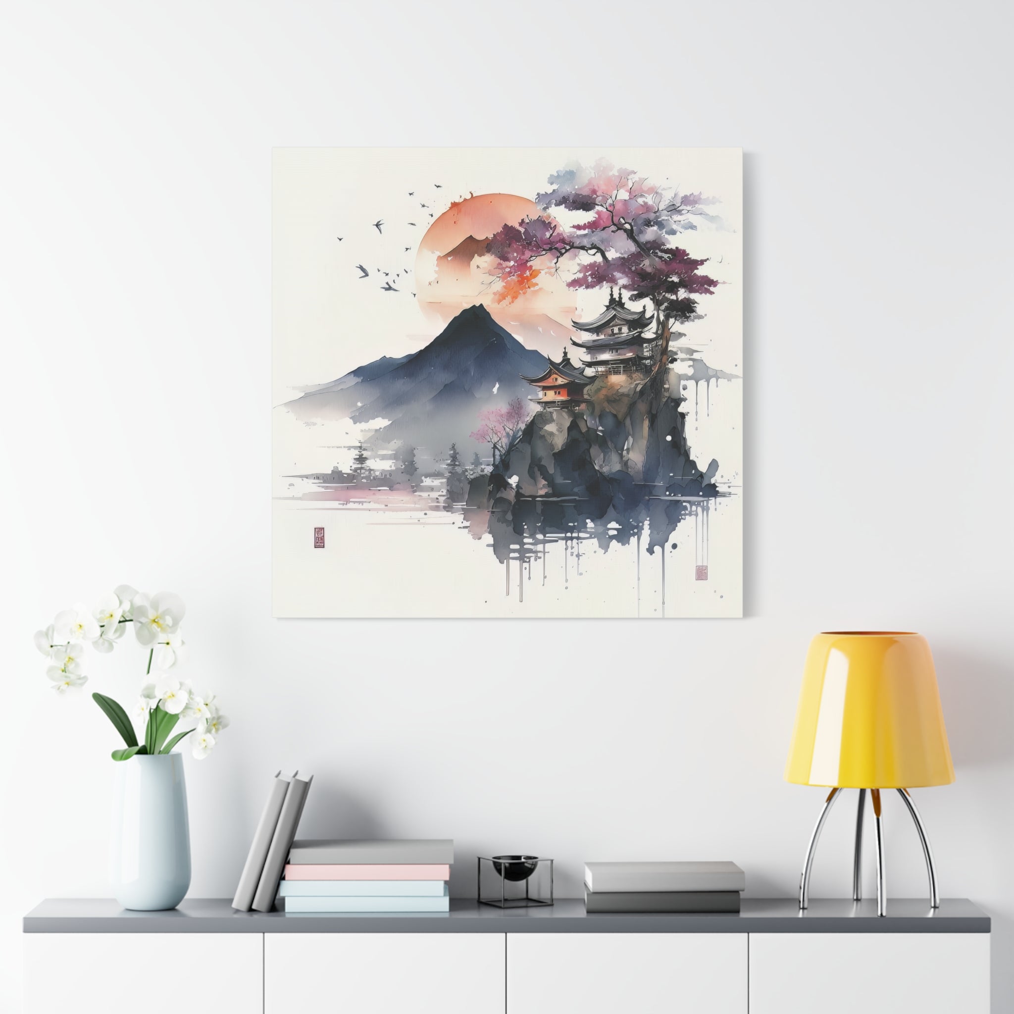 Sunrise Over Mt. Fuji – Japanese Watercolor Temple Art Print, Floral Canvas Print, Asian-Inspired Home Decor - Gallory Hive