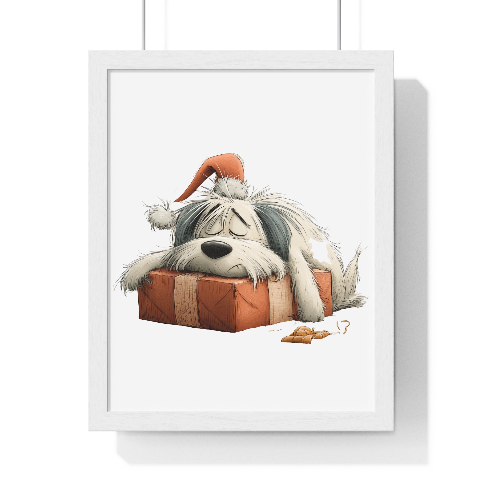 Sleepy Holiday Dog on Gift Box - Framed Christmas Wall Art - Gallory Hive