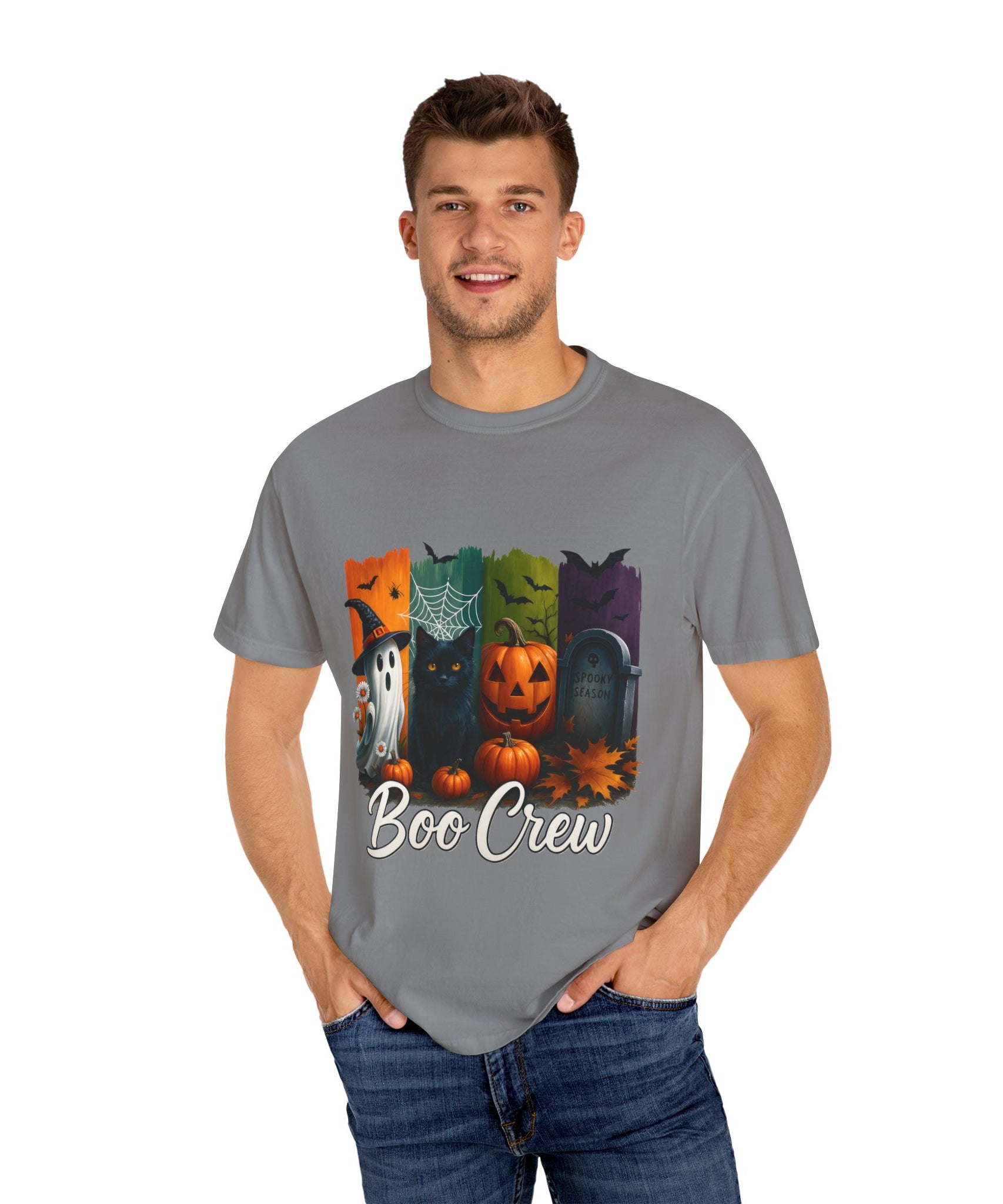 Boo Crew Halloween Unisex T-Shirt – Cute Ghost, Black Cat, Pumpkin & Tombstone Design - Gallory Hive