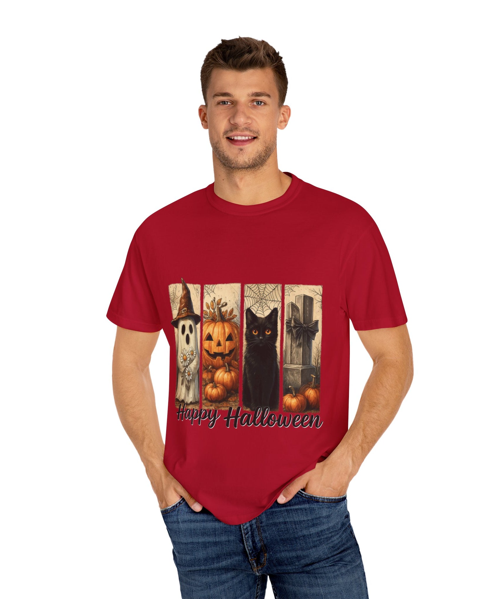 Happy Halloween Unisex T-Shirt – Ghost, Black Cat & Pumpkin Graphic Tee - Gallory Hive