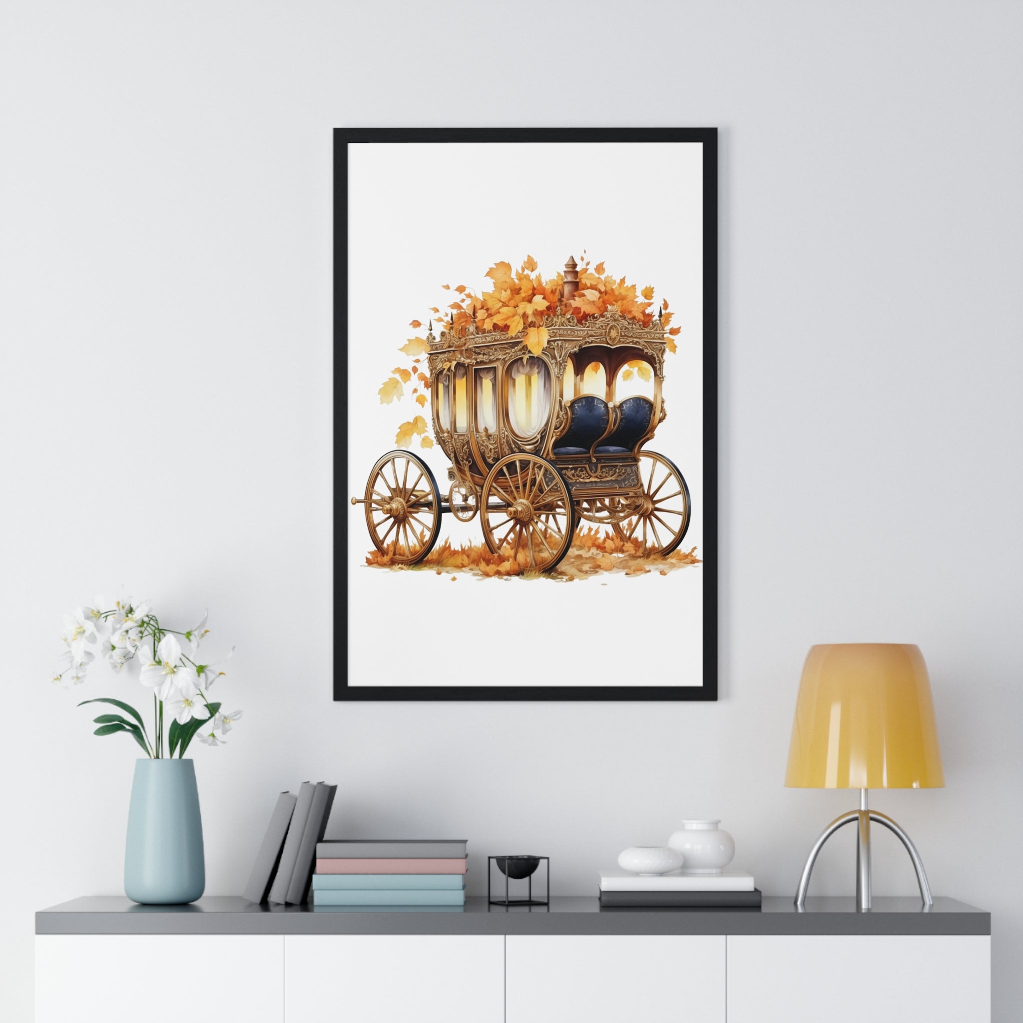 Golden Autumn Carriage Wall Art – Vintage Fantasy Wagon with Fall Leaves & Plush Interior | Wooden Frame Seasonal Decor
