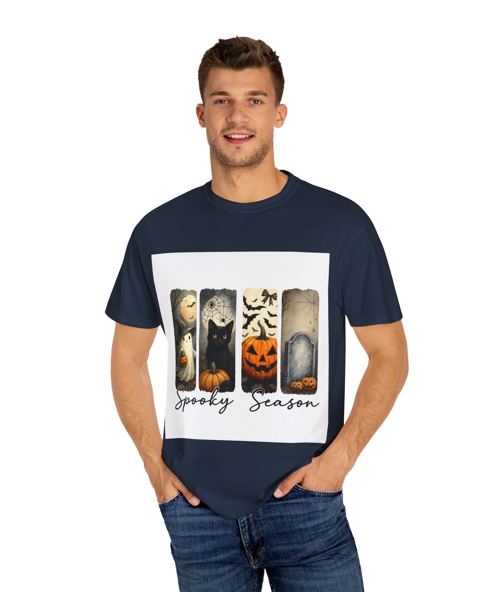 Halloween Night Unisex T-Shirt – Ghost, Black Cat, Pumpkin & Tombstone Vintage Art - Gallory Hive