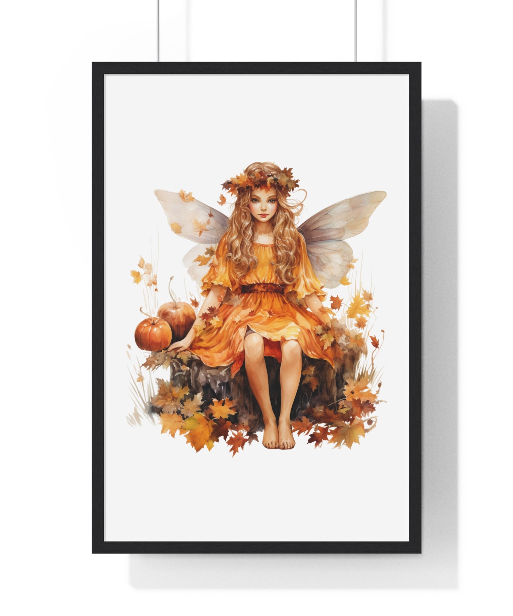 Fall Fairy Wall Art – Orange Dress Woodland Fairy with Pumpkins | Wooden Frame Poster for Autumn Home Decor