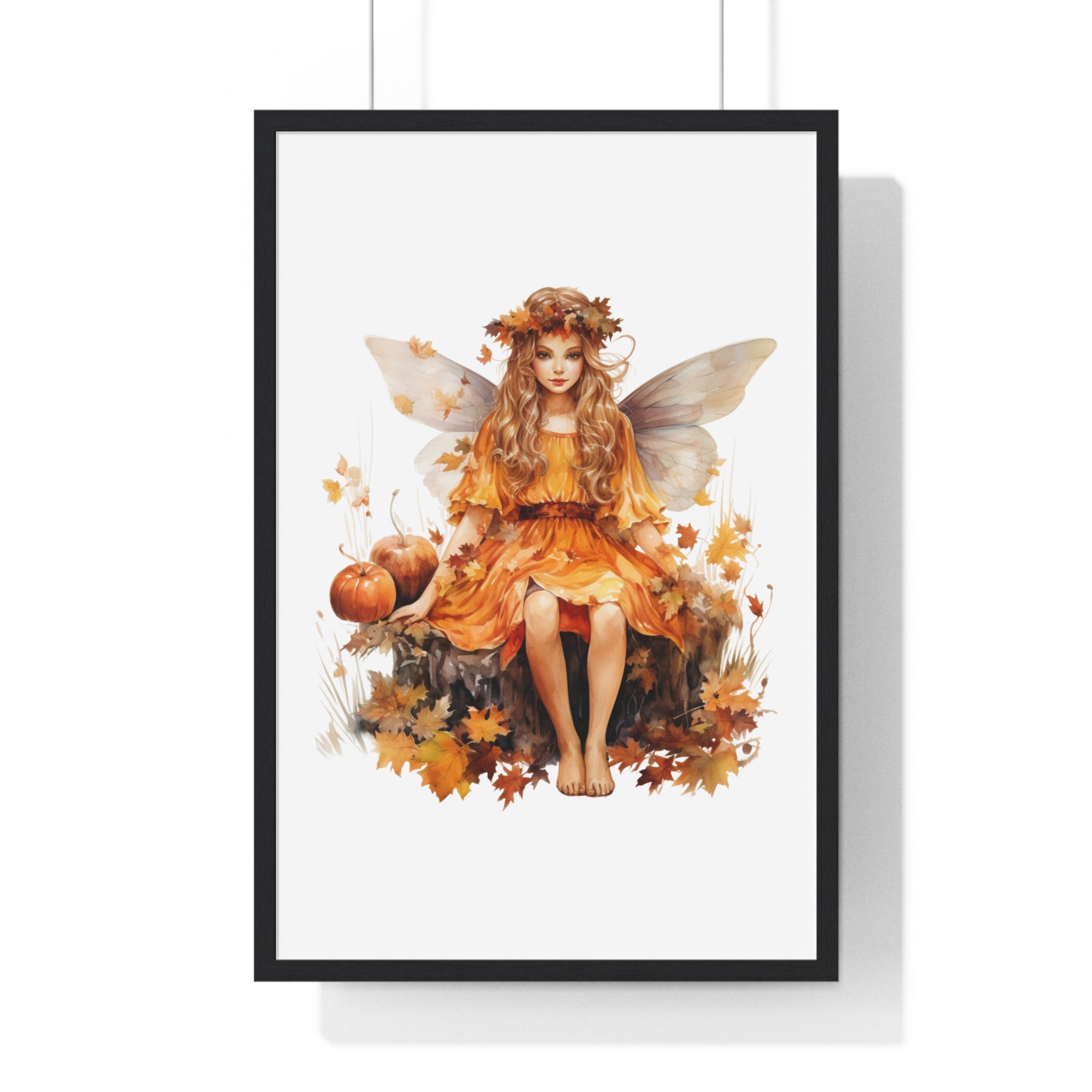 Fall Fairy Wall Art – Orange Dress Woodland Fairy with Pumpkins | Wooden Frame Poster for Autumn Home Decor