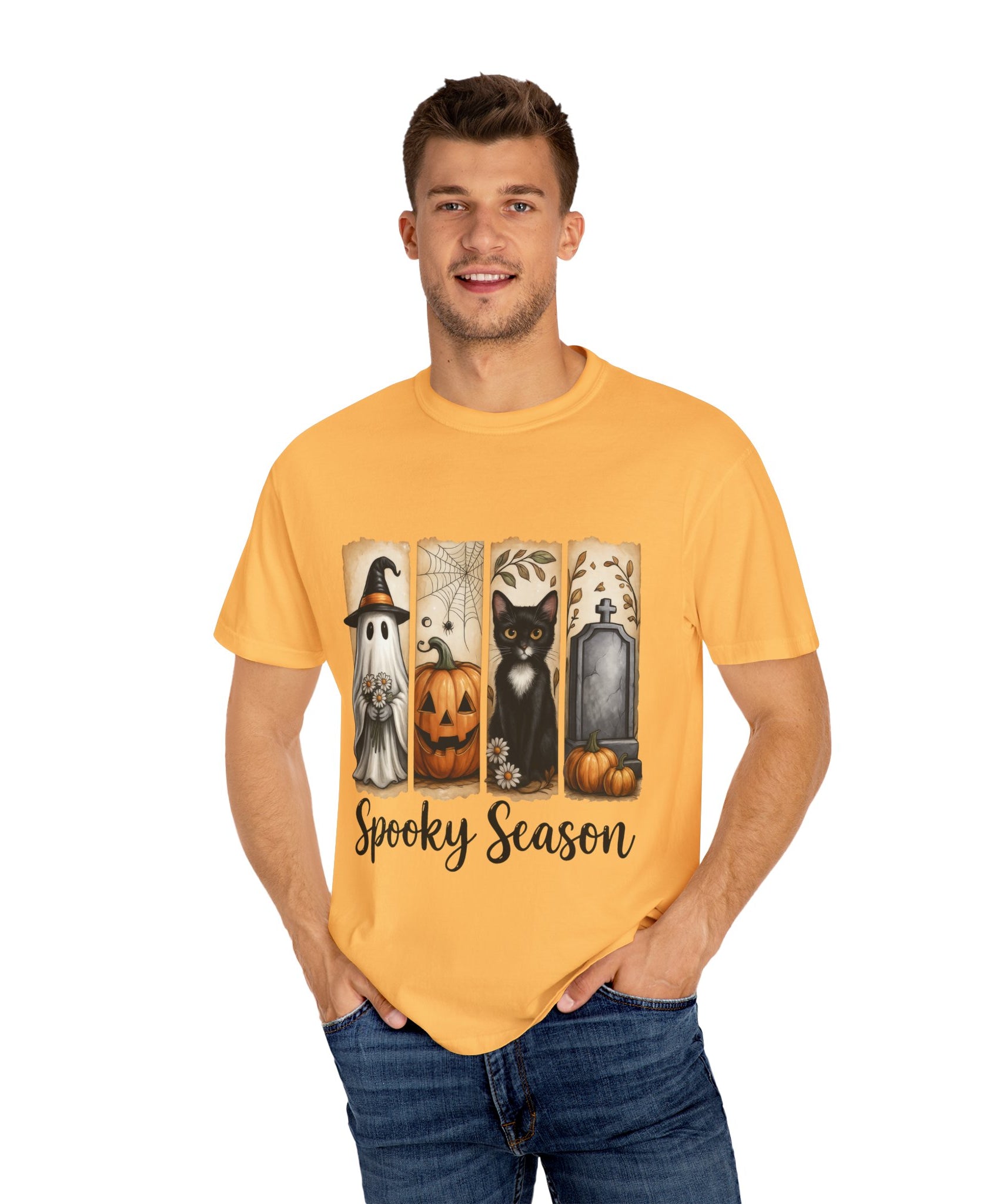 Spooky Season Halloween Unisex T-Shirt – Ghost, Cat & Pumpkin Design - Gallory Hive