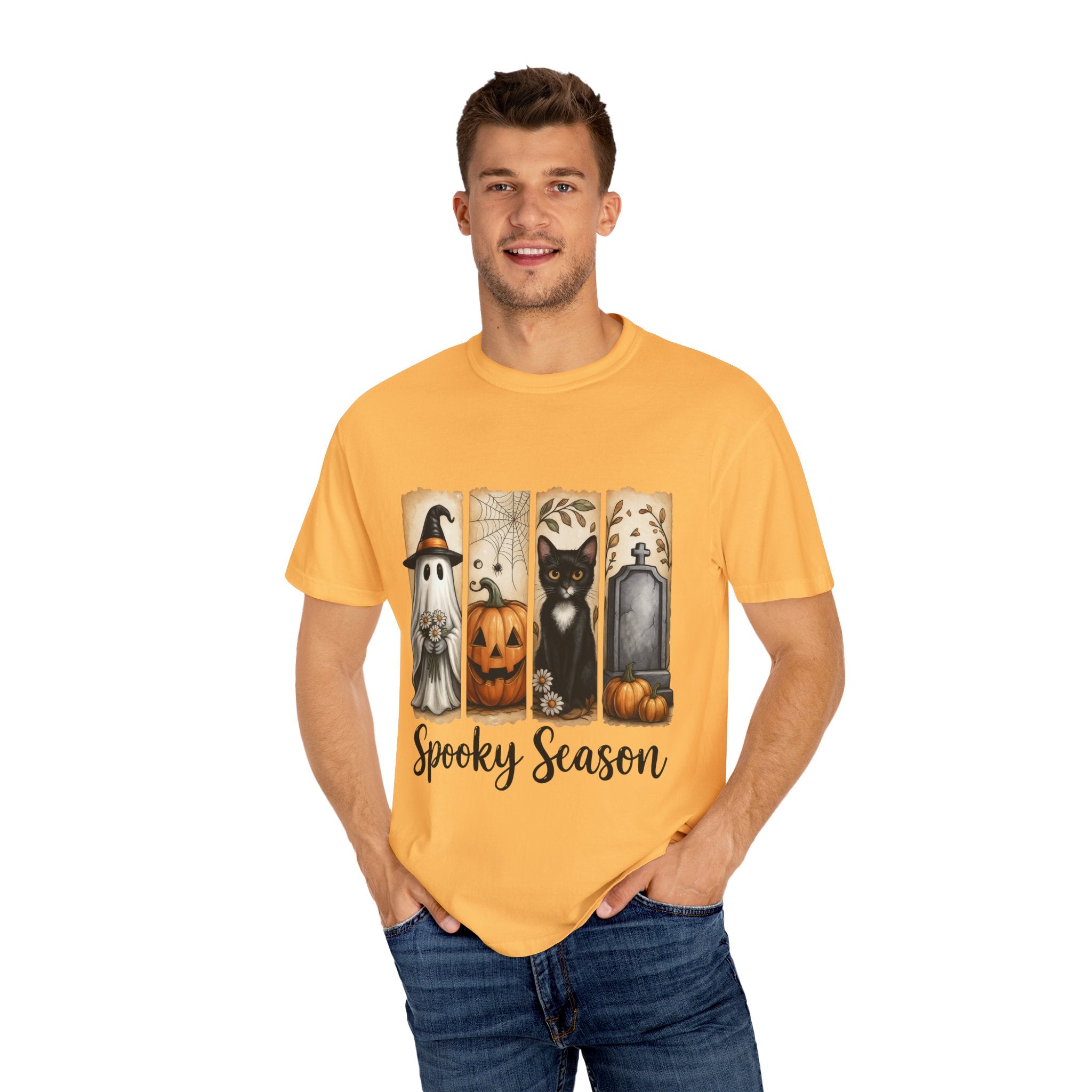 Spooky Season Halloween Unisex T-Shirt – Ghost, Cat & Pumpkin Design - Gallory Hive